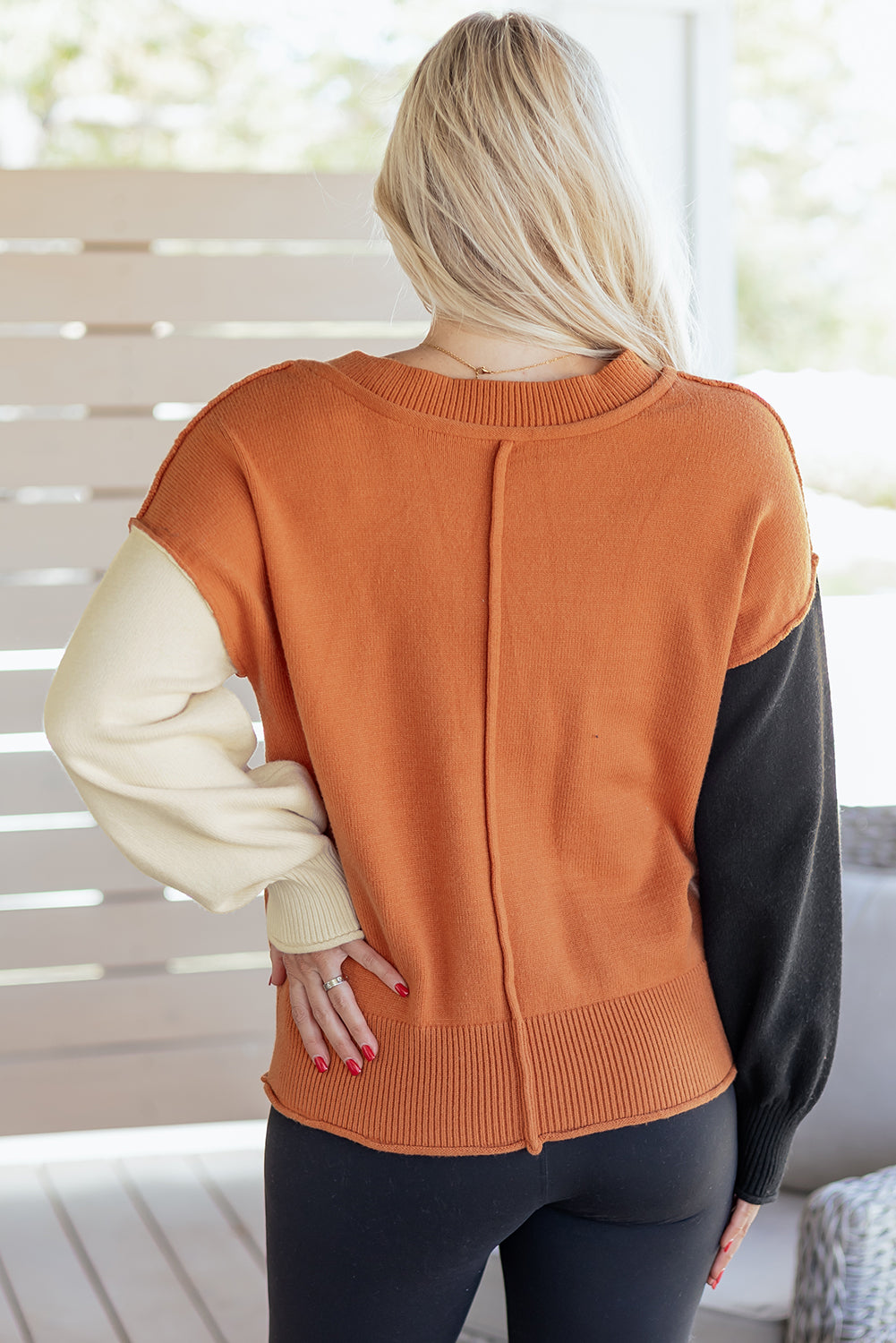 Desert Gold Colorblock Raw Edge Bubble Sleeve V Neck Sweater-Sweaters & Cardigans/Sweaters-[Adult]-[Female]-2022 Online Blue Zone Planet