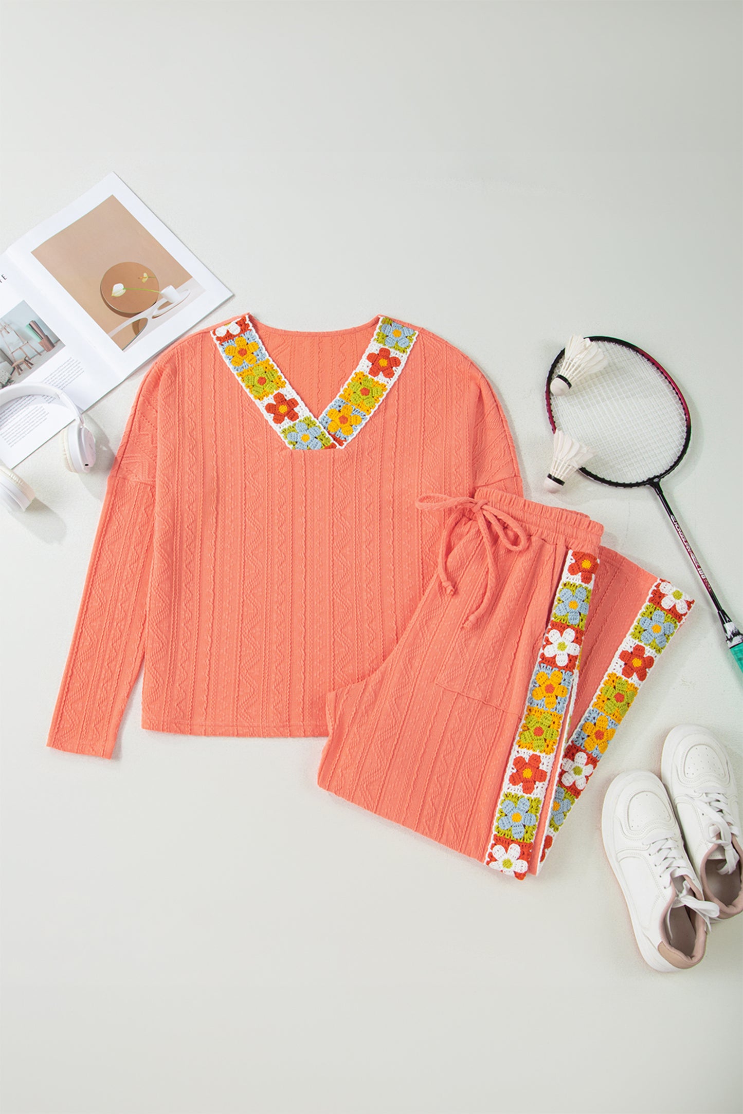 Grapefruit Orange Crochet Floral Accent V Neck Textured Pants Set-Two Piece Sets/Pant Sets-[Adult]-[Female]-2022 Online Blue Zone Planet