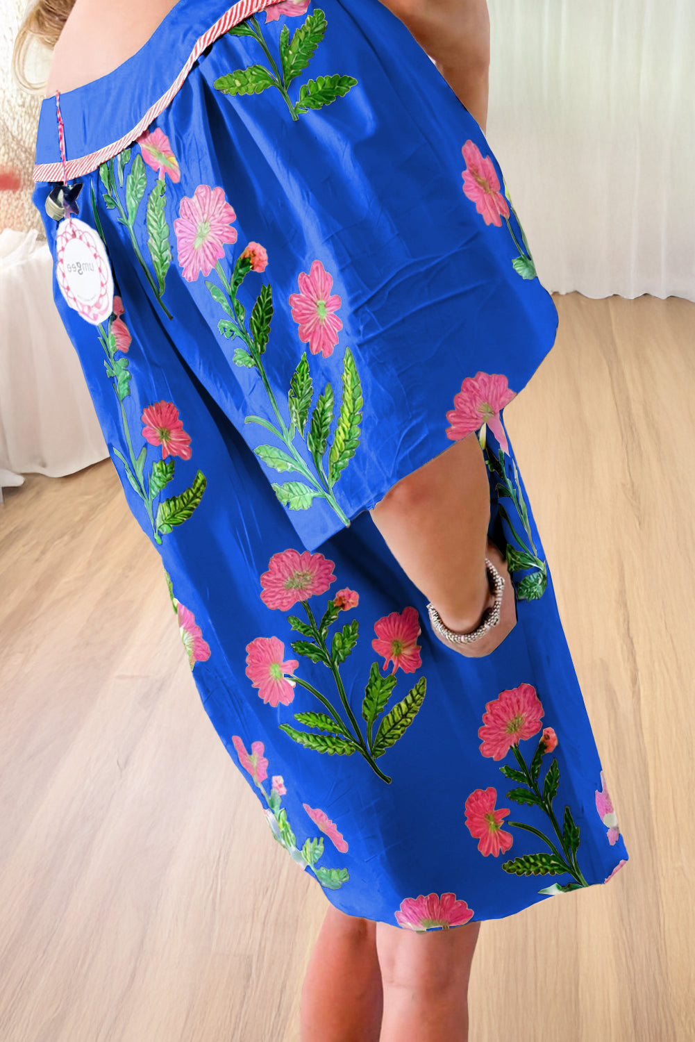 Blue Floral Short Sleeve Split Neck Loose Mini Dress-TOPS / DRESSES-[Adult]-[Female]-2022 Online Blue Zone Planet