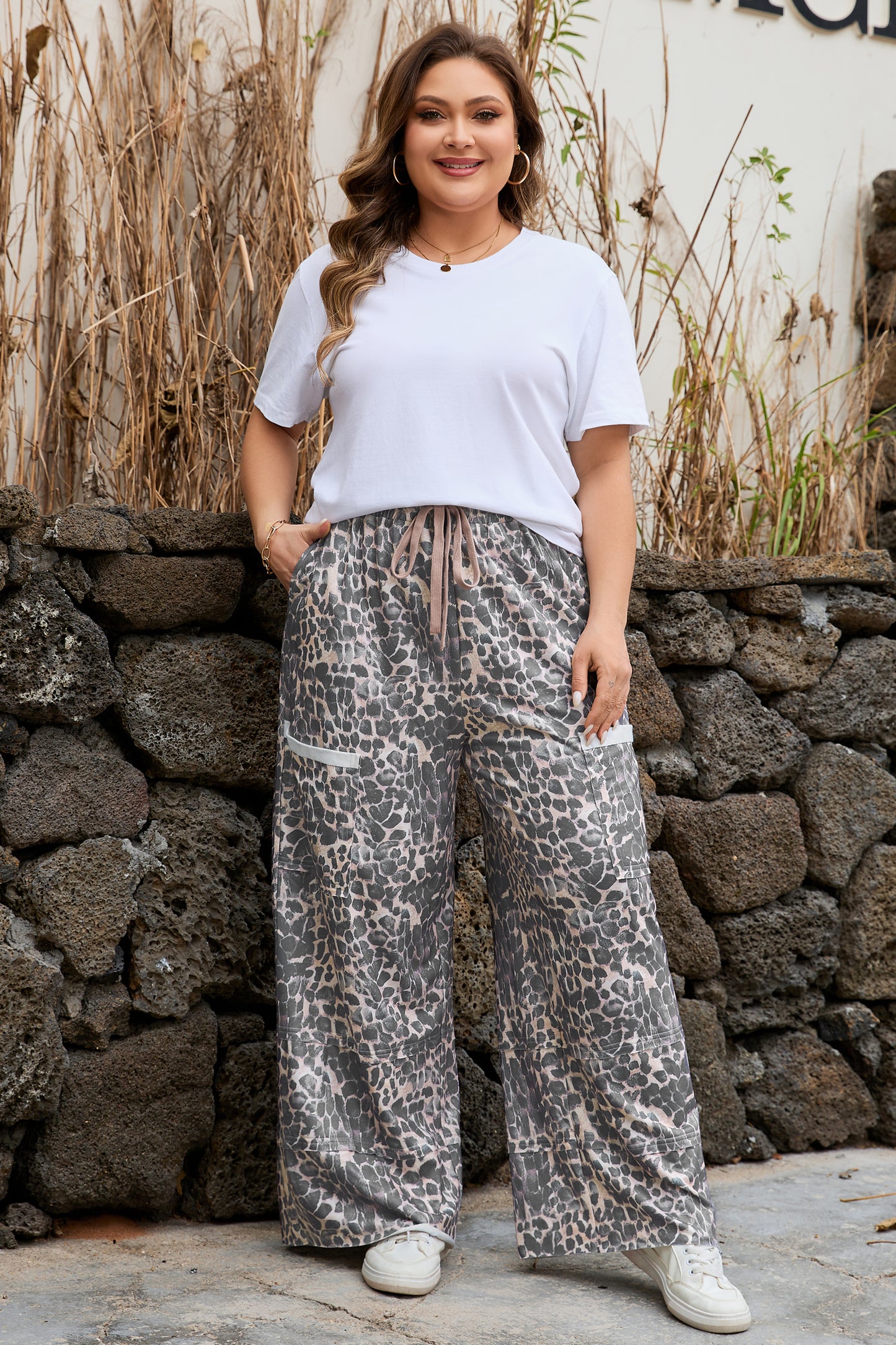 Khaki Plus Size Leopard Print Raw Edge Patch Pocket Drawstring Loose Pants-Plus Size/Plus Size Bottoms-[Adult]-[Female]-2022 Online Blue Zone Planet