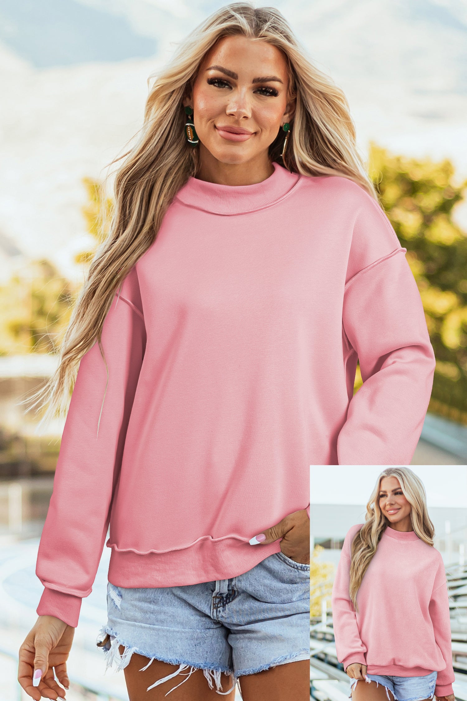 Red Dahlia Oversize Drop Shoulder Reversible Mock Neck Sweatshirt-Tops/Sweatshirts & Hoodies-[Adult]-[Female]-2022 Online Blue Zone Planet