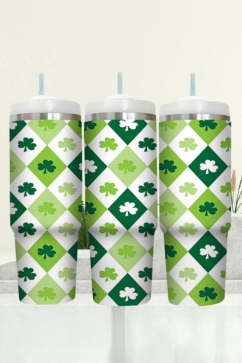 Green St Patricks Day Checkered Clover Tumbler Cup-Cups-[Adult]-[Female]-Green-ONE SIZE-2022 Online Blue Zone Planet