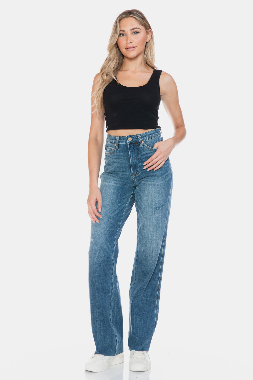 Blue Zone Planet | Judy Blue Full Size Tummy Control Cut Raw Hem Straight Jeans-BOTTOMS SIZES SMALL MEDIUM LARGE-[Adult]-[Female]-2022 Online Blue Zone Planet