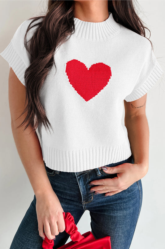 White Valentine Heart Graphic Cropped Short Sleeve Sweater