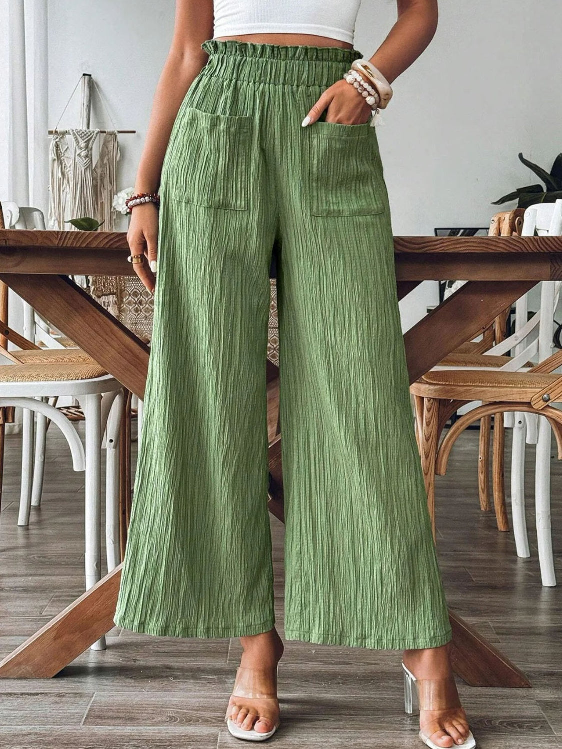 Frill Wide Leg Pants-BOTTOMS SIZES SMALL MEDIUM LARGE-[Adult]-[Female]-Matcha Green-S-2022 Online Blue Zone Planet