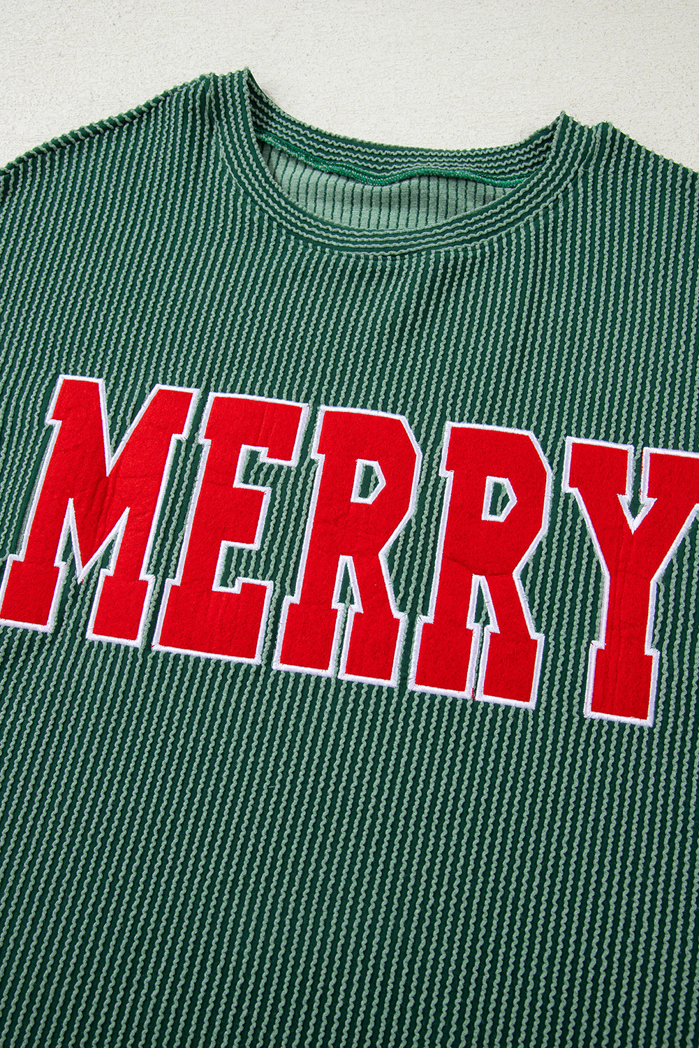 Blackish Green Twisted Rib Merry Letter Graphic Loose Long Sleeve Top-Long Sleeve Tops-[Adult]-[Female]-2022 Online Blue Zone Planet