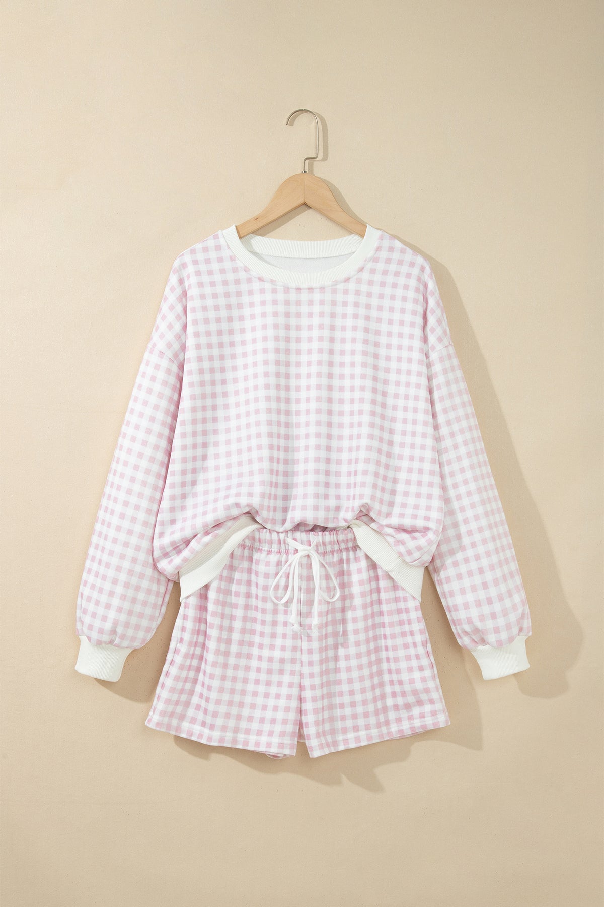 Pink Plaid Baggy Pullover Drawstring Casual Shorts 2pcs Outfit-Two Piece Sets/Short Sets-[Adult]-[Female]-2022 Online Blue Zone Planet