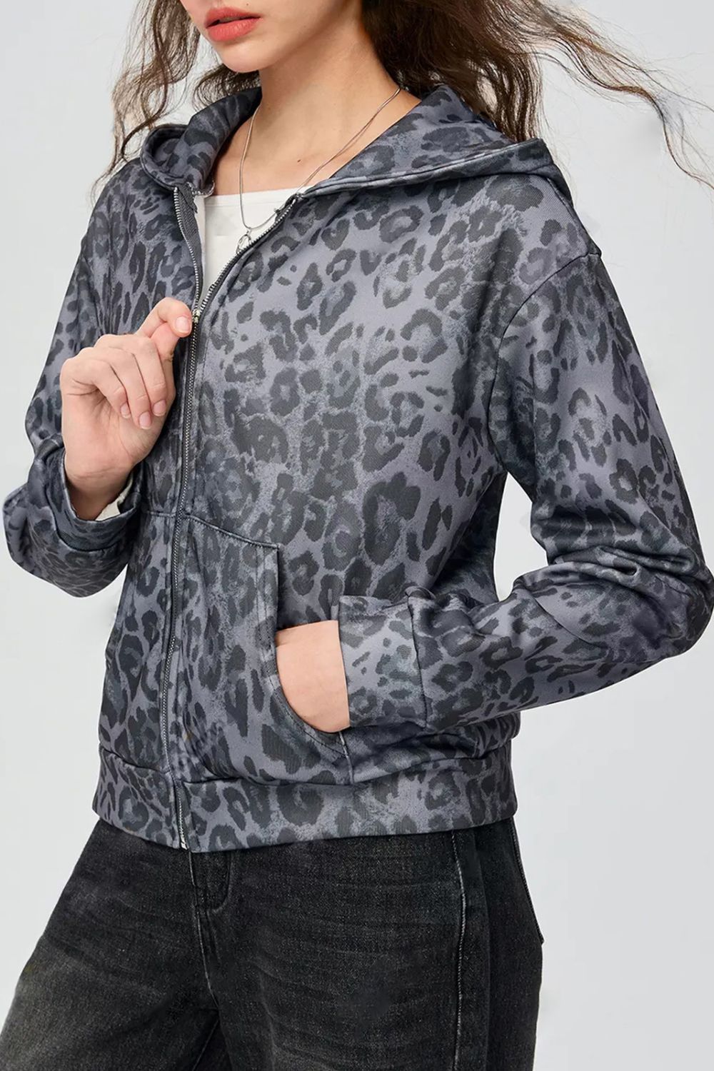 Blue Zone Planet | Pocketed Leopard Zip Up Hooded Jacket-TOPS / DRESSES-[Adult]-[Female]-2022 Online Blue Zone Planet