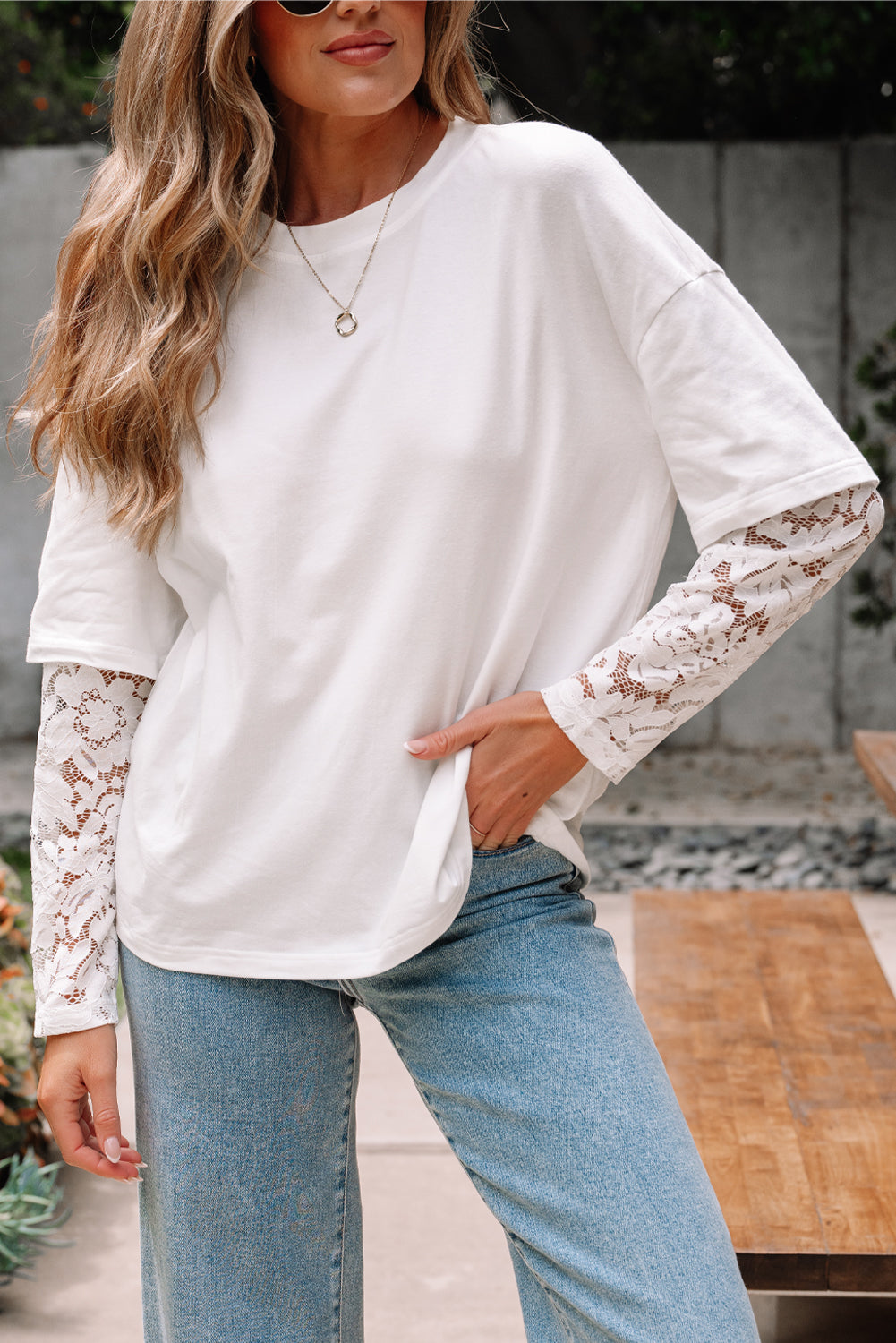 White Lace Long Sleeve Insert Drop Shoulder Tee-Tops/Tops & Tees-[Adult]-[Female]-2022 Online Blue Zone Planet