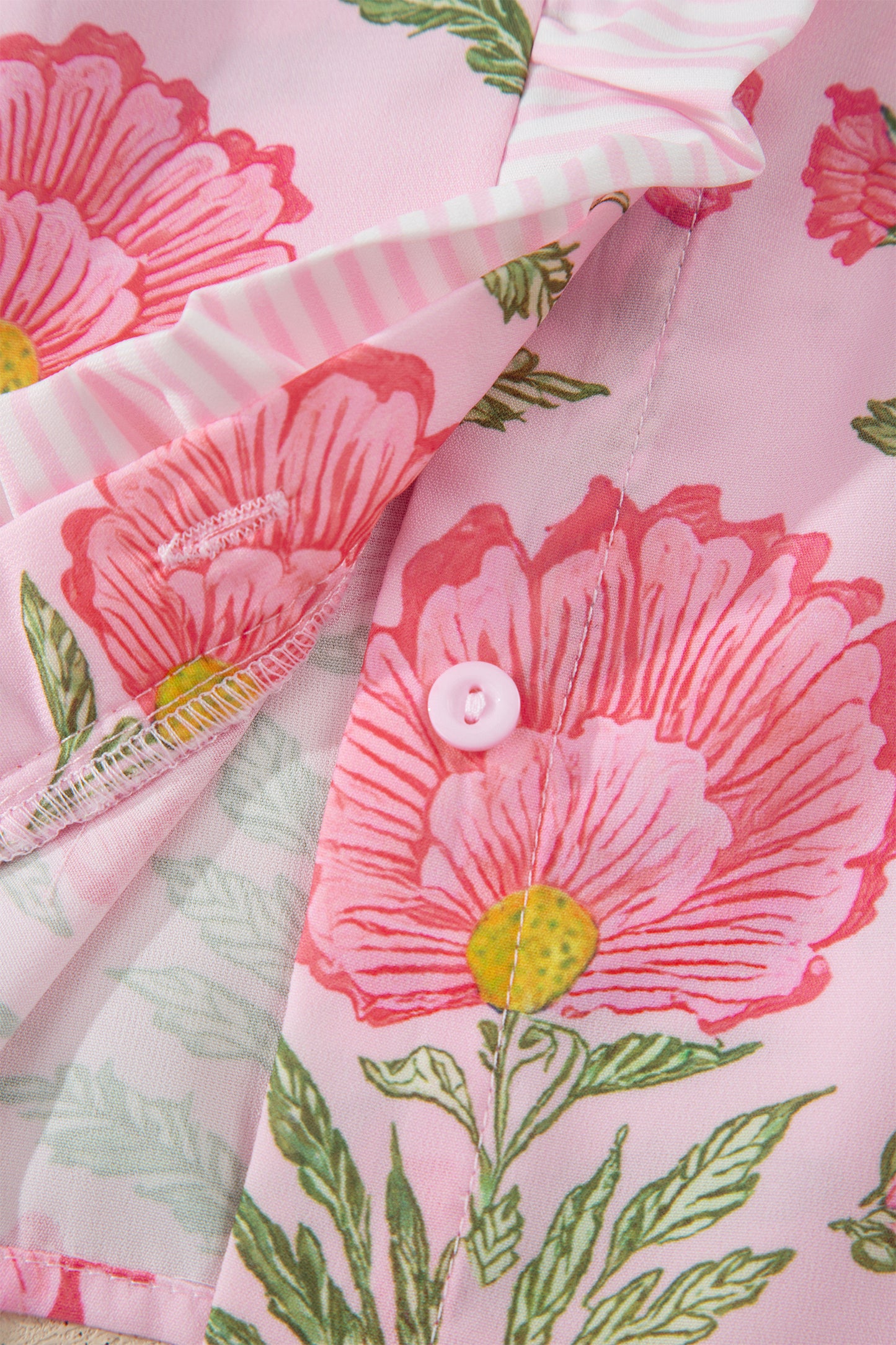 Pink Sweet Blooms Ruffle Striped Trim Puff Sleeve Shirt-Tops/Blouses & Shirts-[Adult]-[Female]-2022 Online Blue Zone Planet