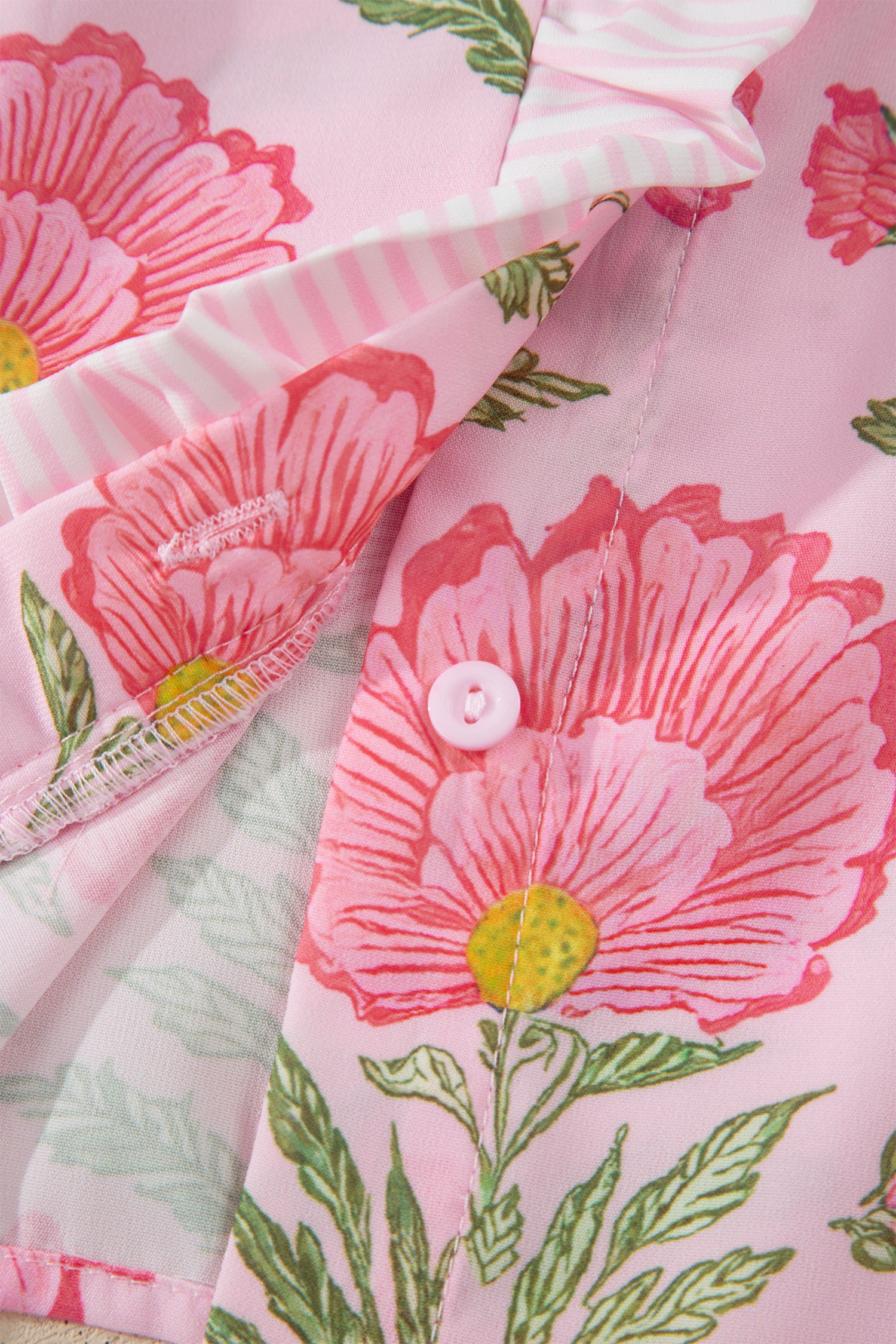 Pink Sweet Blooms Ruffle Striped Trim Puff Sleeve Shirt-Tops/Blouses & Shirts-[Adult]-[Female]-2022 Online Blue Zone Planet