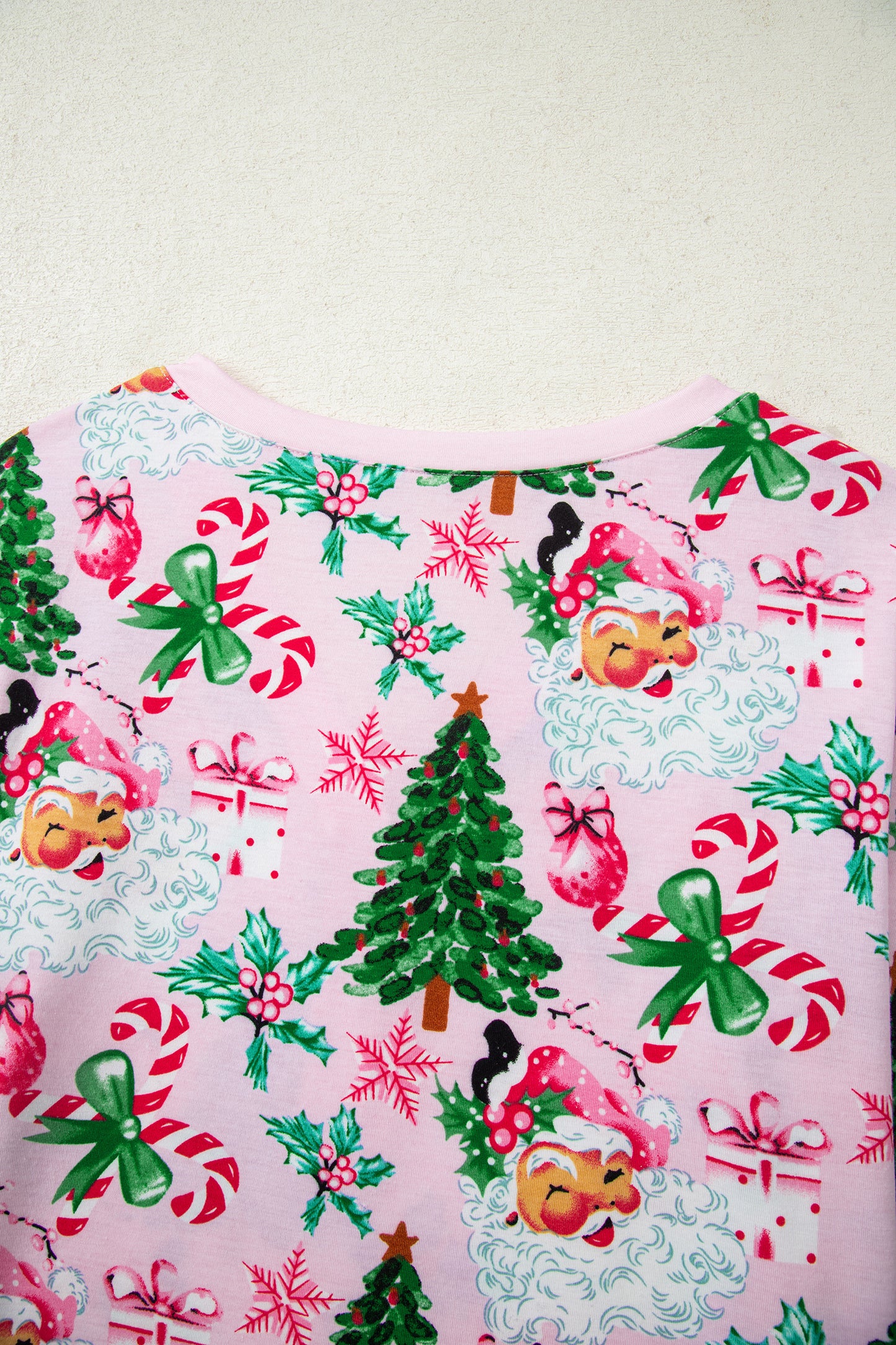 Pink Christmas Pattern Button V Neck Pullover Drawstring Pants 2pcs Lounge Set