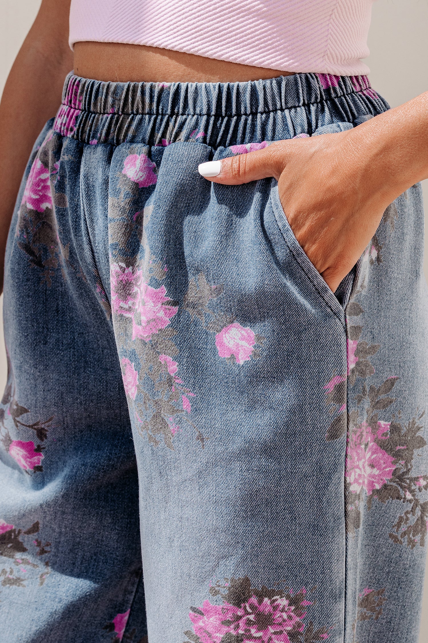 Beau Blue Floral Print Elastic Waist Pull On Casual Jeans-Bottoms/Jeans-[Adult]-[Female]-2022 Online Blue Zone Planet
