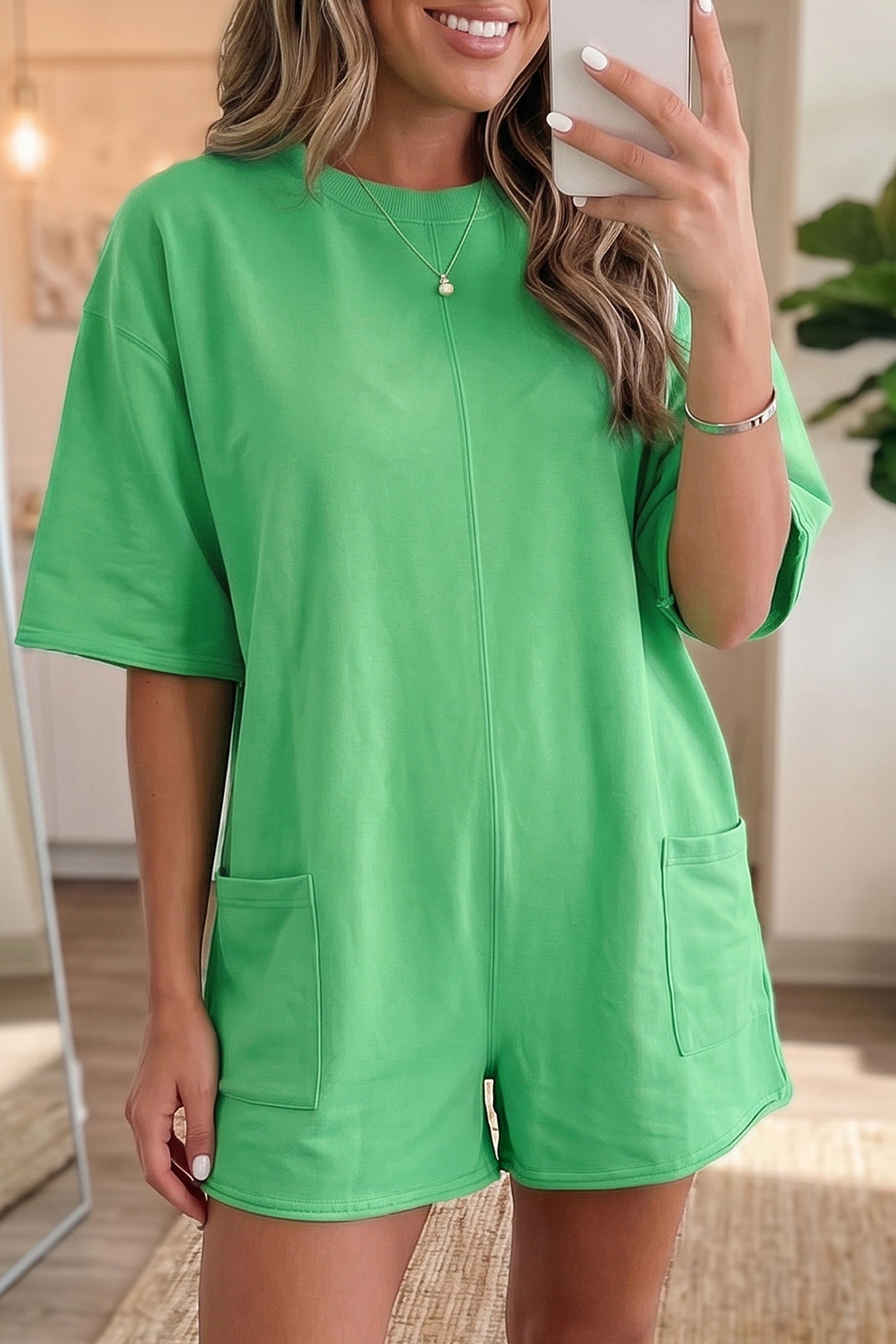 Bright Green Solid Color Raw Edge Half Sleeve Pocketed Loose Romper-Bottoms/Jumpsuits & Rompers-[Adult]-[Female]-2022 Online Blue Zone Planet