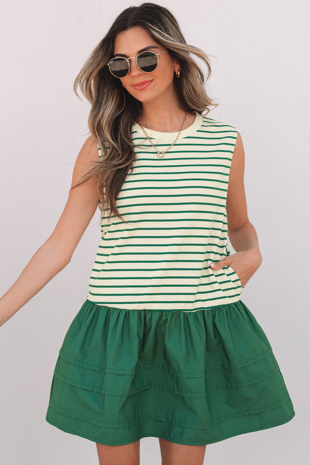 Green Stripe Woven Ruffled Sleeveless Mini Dress-Dresses/Mini Dresses-[Adult]-[Female]-2022 Online Blue Zone Planet