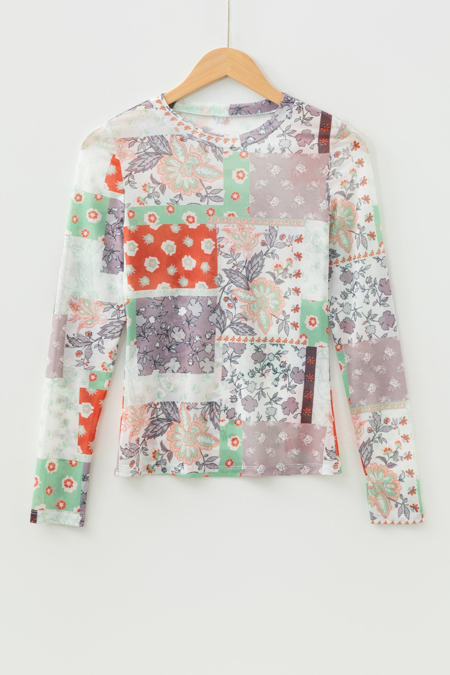 Khaki Mixed Floral Print Patchwork Mock Neck Mesh Top-Tops/Long Sleeve Tops-[Adult]-[Female]-2022 Online Blue Zone Planet