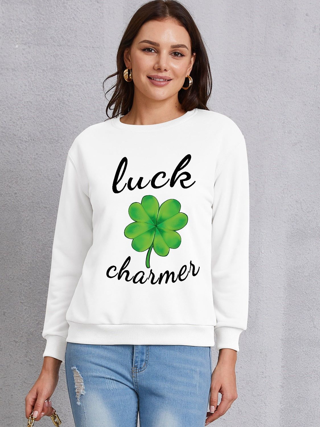 LUCK CHARMER Round Neck Sweatshirt-TOPS / DRESSES-[Adult]-[Female]-White-S-2022 Online Blue Zone Planet