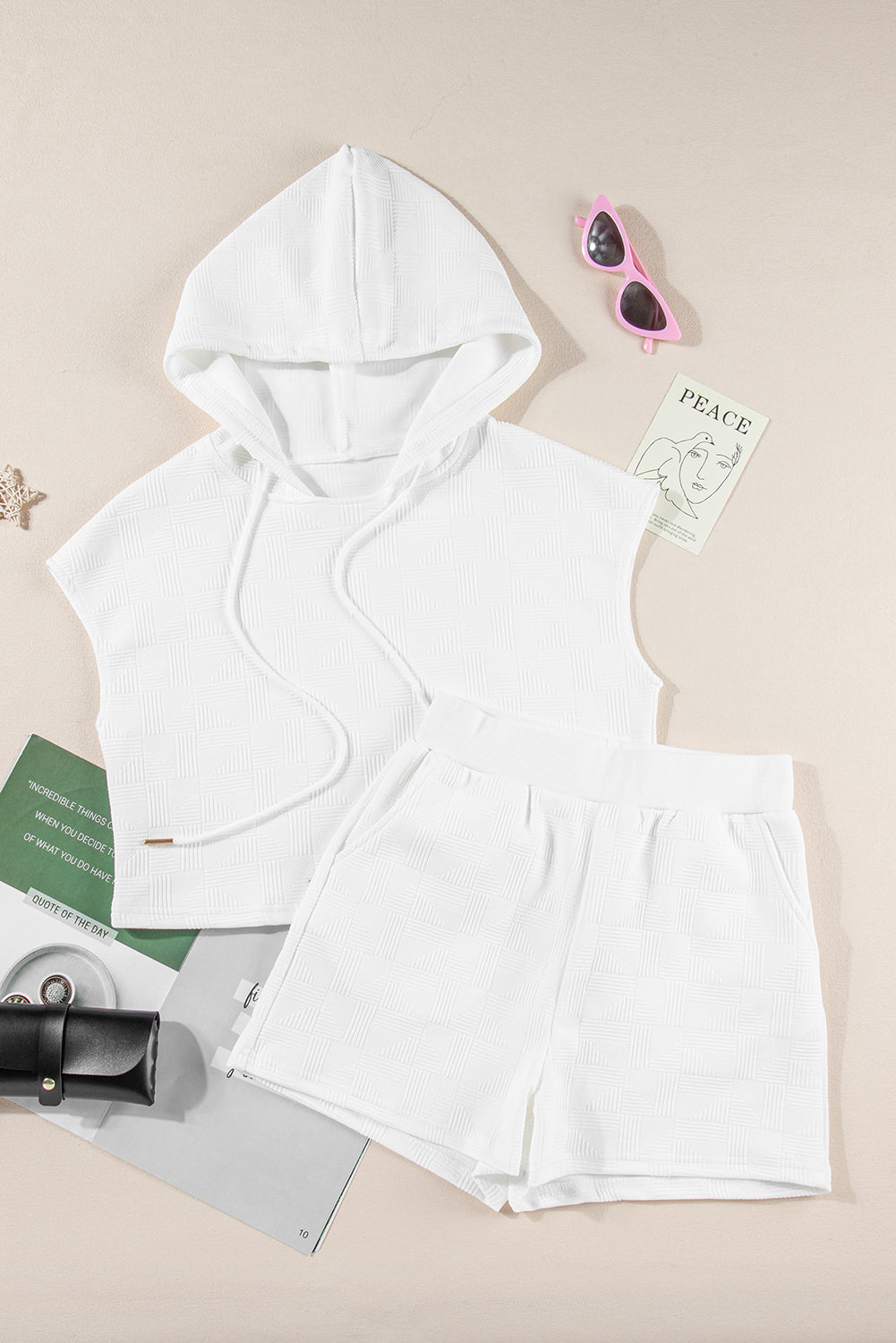 White Textured Cropped Hoodie and Shorts Set-Tops / Dresses-[Adult]-[Female]-2022 Online Blue Zone Planet