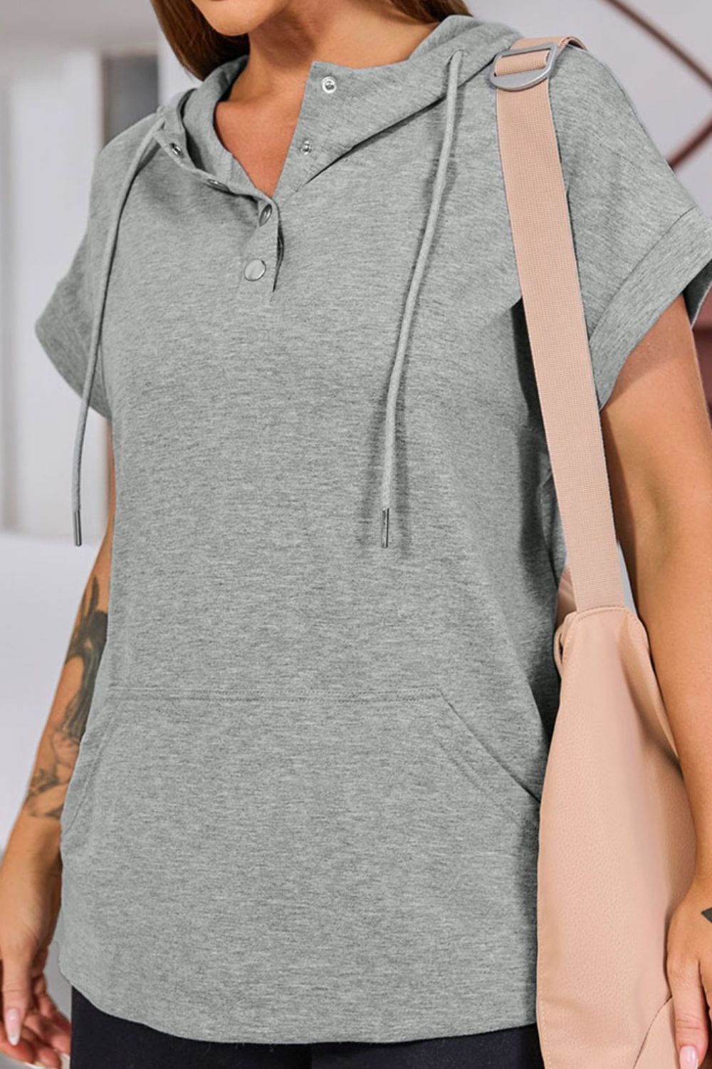 Drawstring Quarter Snap Cap Sleeve Hoodie-TOPS / DRESSES-[Adult]-[Female]-2022 Online Blue Zone Planet