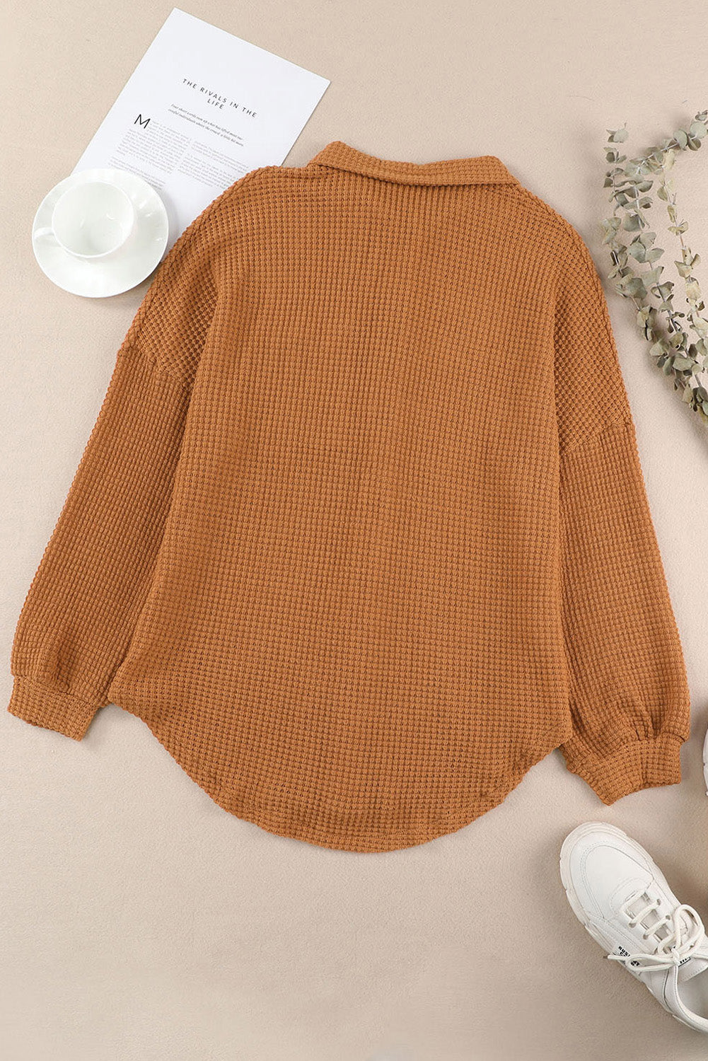 Waffle-Knit Collared Neck Long Sleeve Shirt-TOPS / DRESSES-[Adult]-[Female]-2022 Online Blue Zone Planet