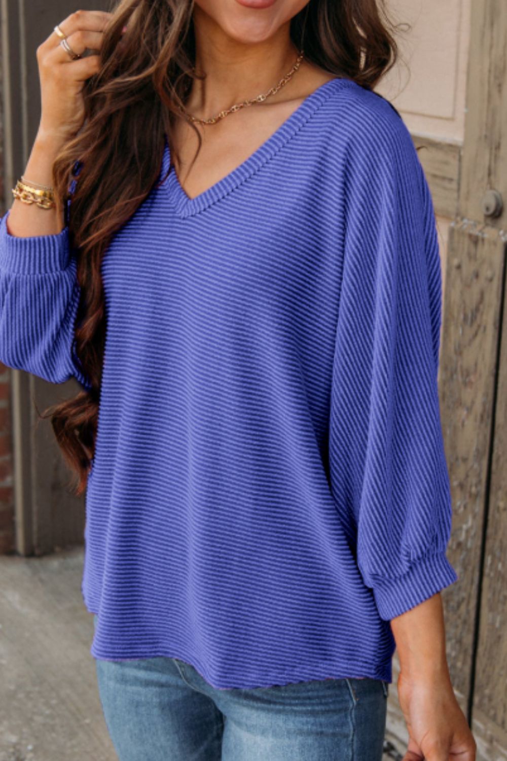 Texture V-Neck Long Sleeve Top-TOPS / DRESSES-[Adult]-[Female]-2022 Online Blue Zone Planet