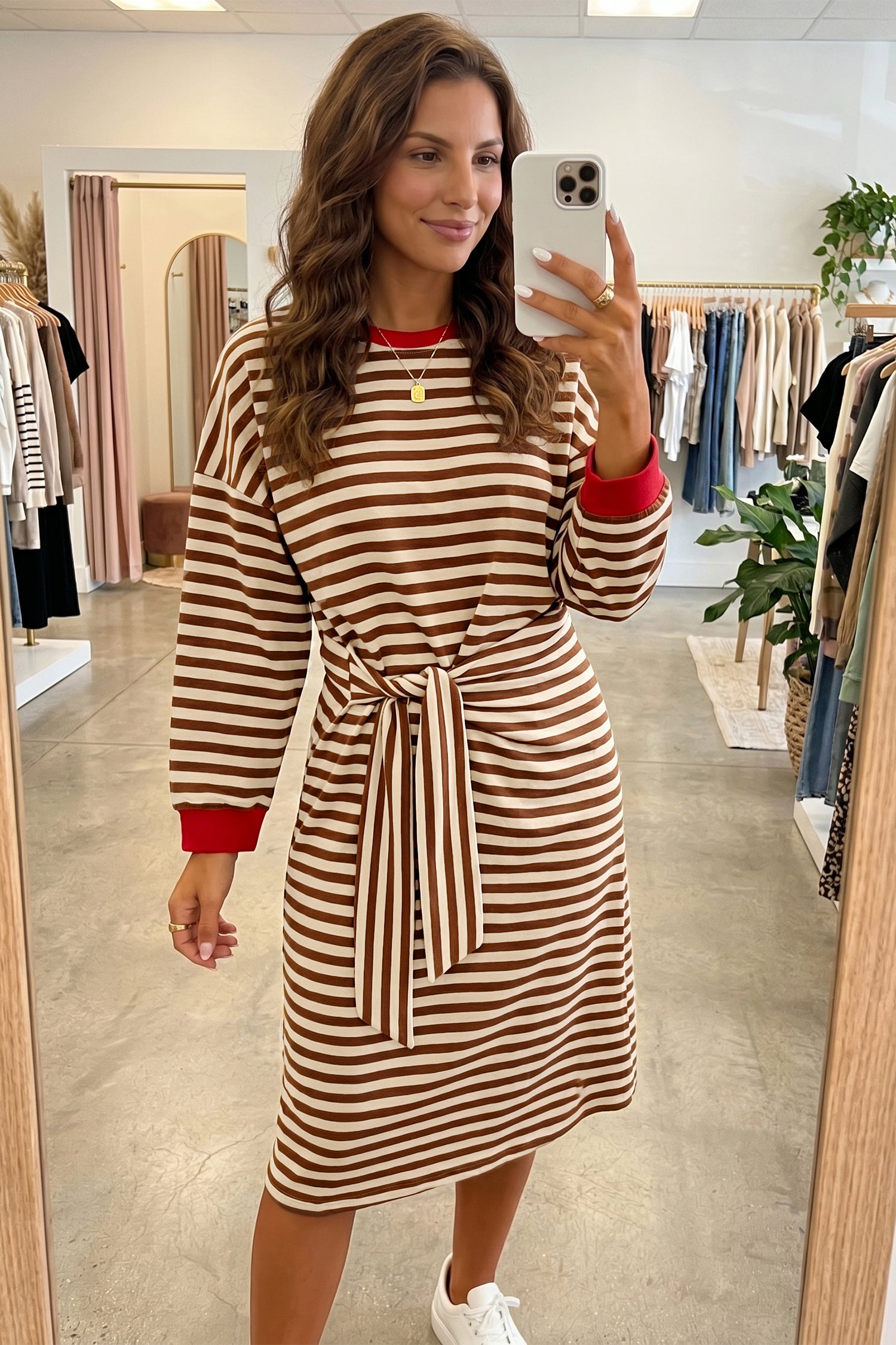 Brown Stripe Striped Colorblock Cuffs Round Neck Long Sleeve Shift Dress-TOPS / DRESSES-[Adult]-[Female]-2022 Online Blue Zone Planet
