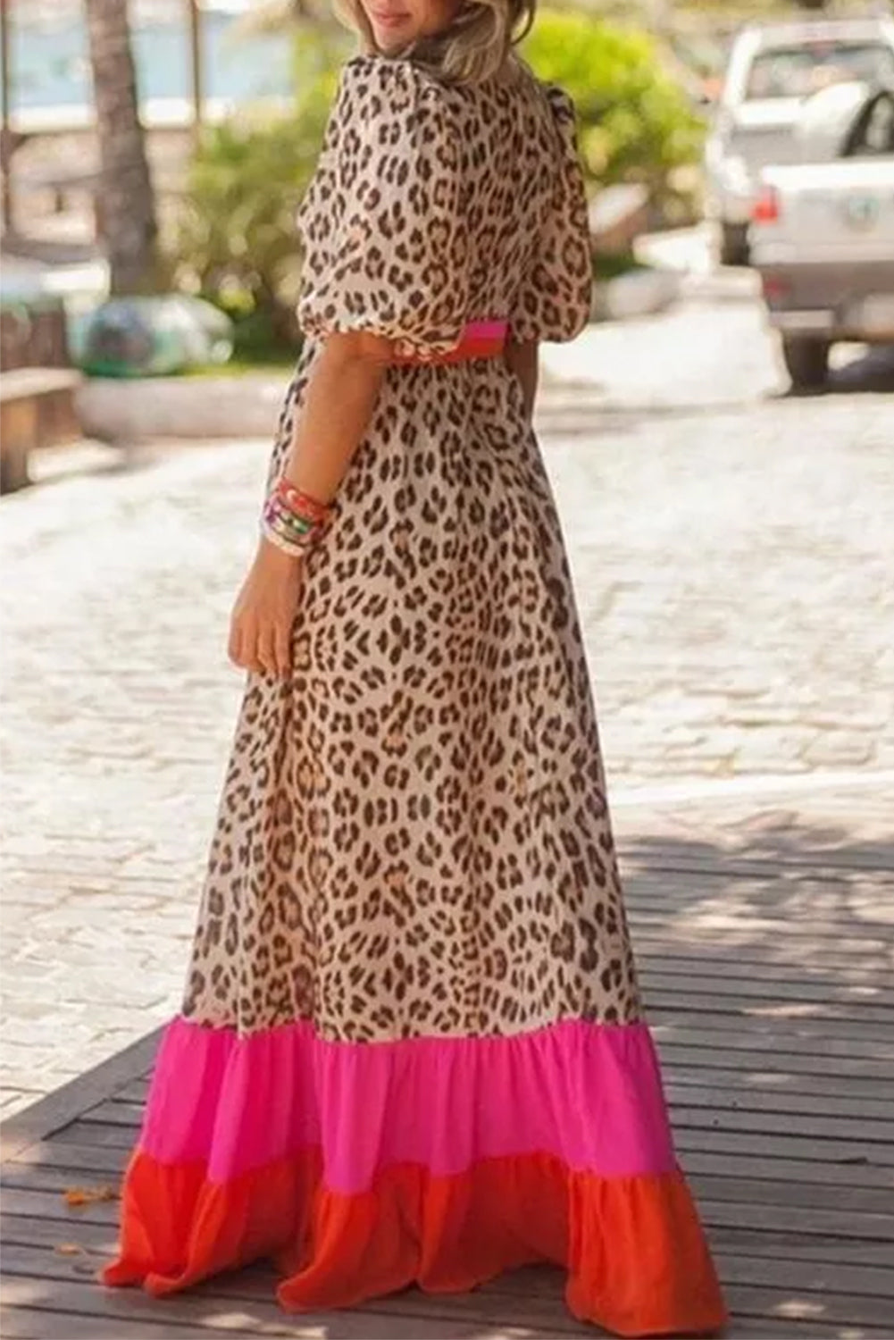 Blue Zone Planet | Bright Pink Leopard Colorblock Patchwork Bubble Sleeve Maxi Dress-TOPS / DRESSES-[Adult]-[Female]-2022 Online Blue Zone Planet