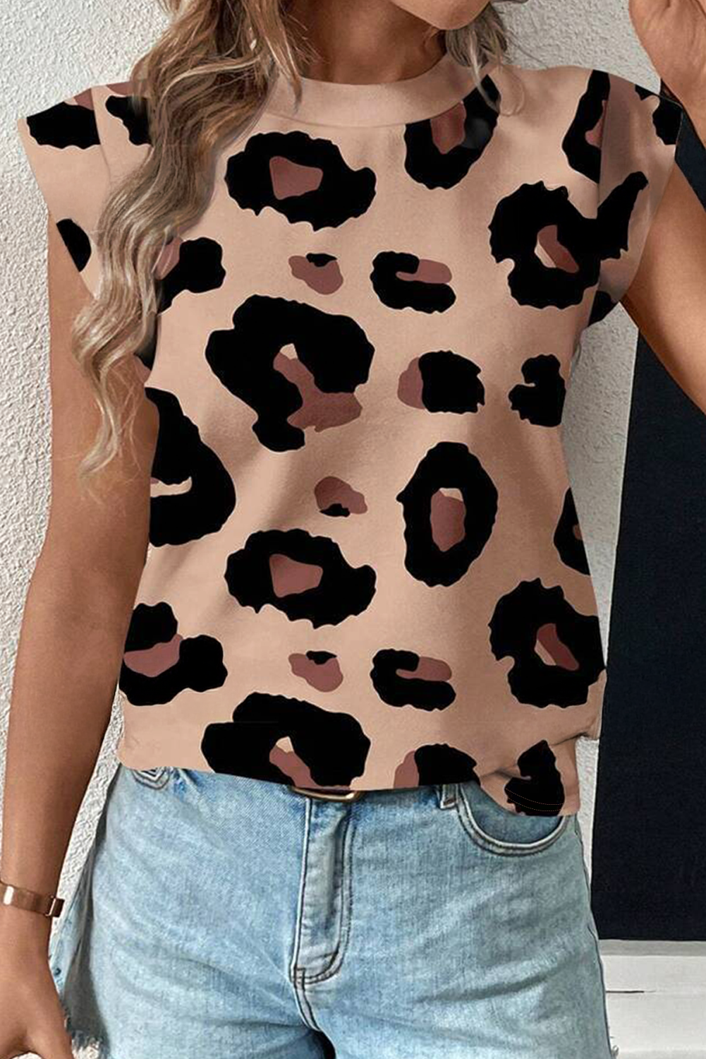 Khaki Leopard Crew Neck Cap Sleeve Casual Tee-Tops/Tops & Tees-[Adult]-[Female]-2022 Online Blue Zone Planet