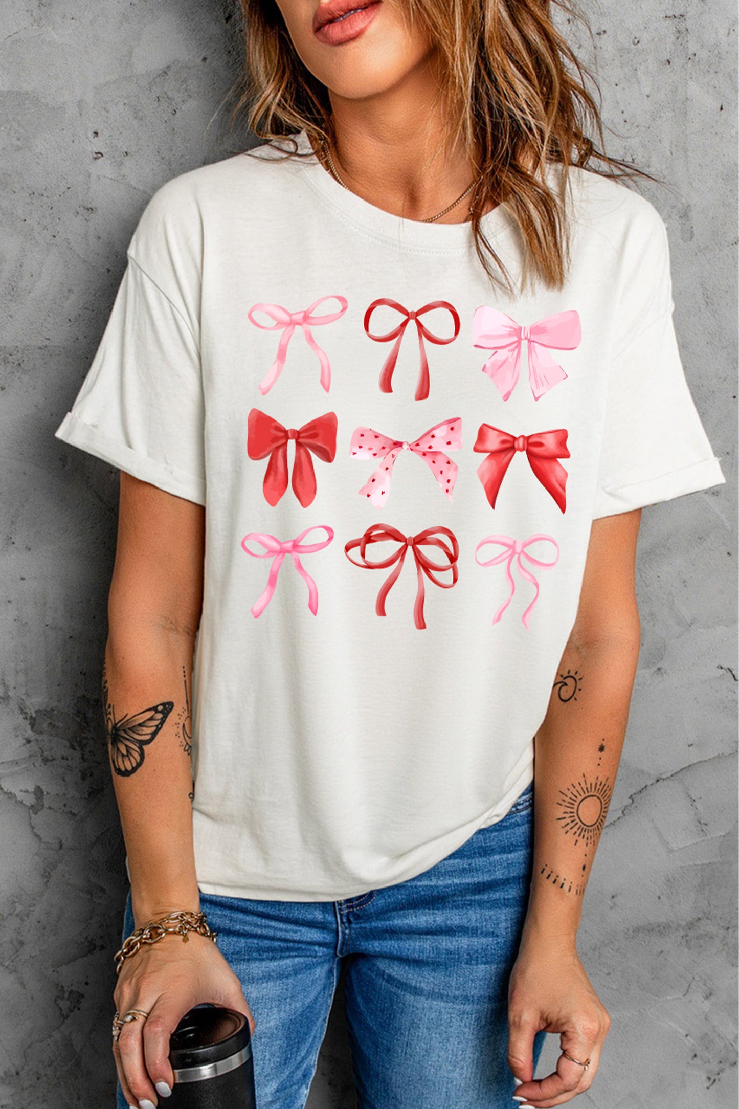 White Diverse Bow Printed Valentines Fashion T Shirt-Graphic Tees-[Adult]-[Female]-2022 Online Blue Zone Planet