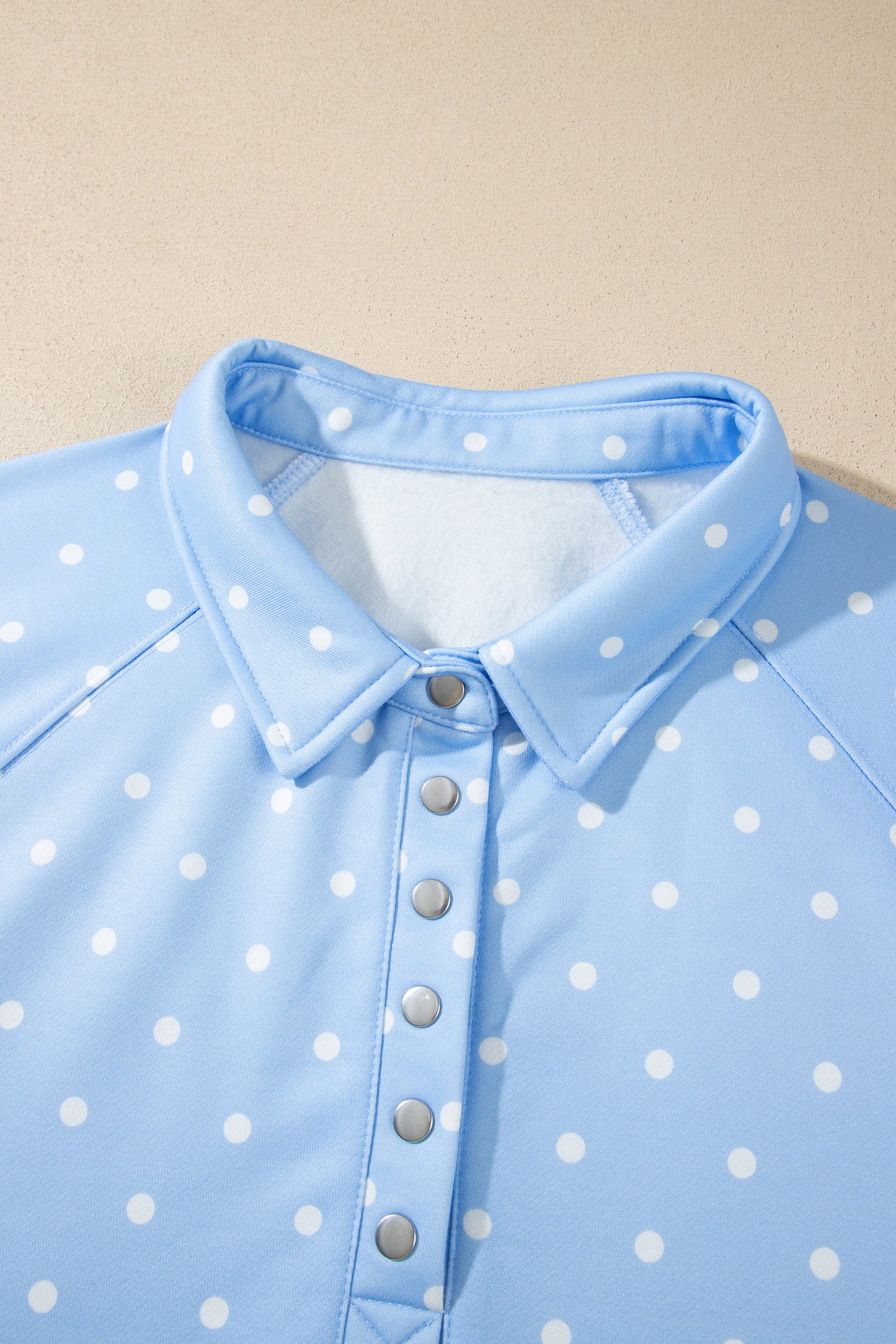 Sky Blue Polka Dot V Neck Metal Button Long Sleeve Shift Plus Size Sweatshirt-Plus Size/Plus Size Sweatshirts & Hoodies-[Adult]-[Female]-2022 Online Blue Zone Planet
