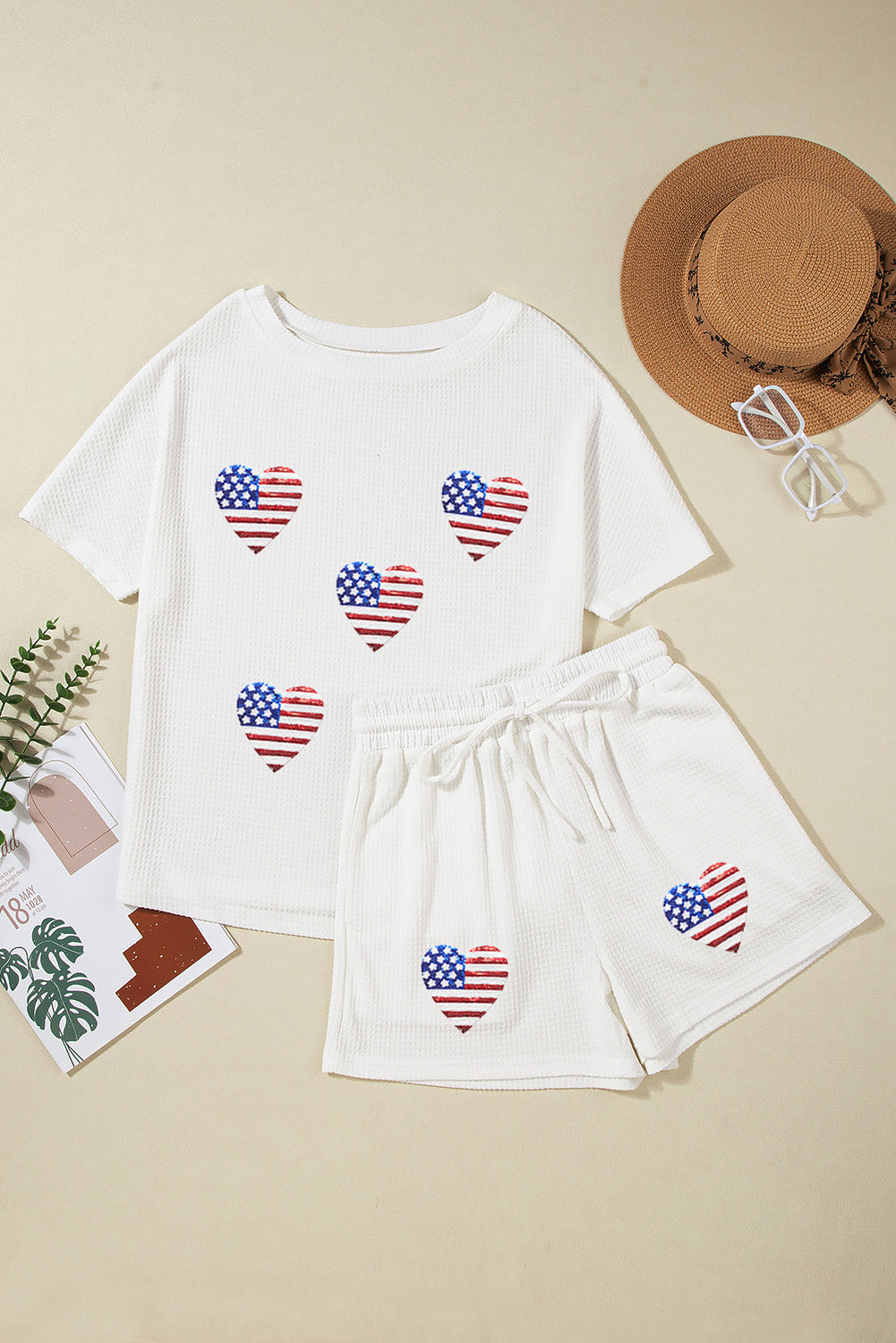 Blue Zone Planet | US Flag Round Neck Top and Shorts Set-TOPS / DRESSES-[Adult]-[Female]-White-S-2022 Online Blue Zone Planet