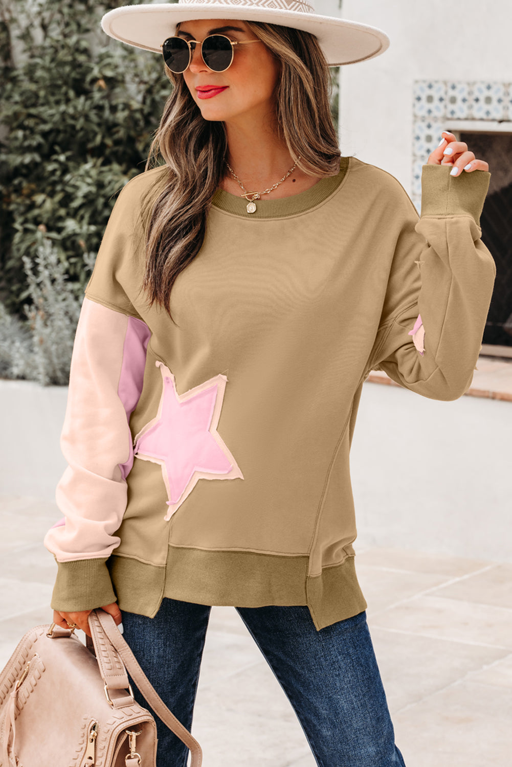 Sage Green Contrast Star Patchwork Exposed Seam Uneven Hem Drop Shoulder Sweatshirt-Tops/Sweatshirts & Hoodies-[Adult]-[Female]-2022 Online Blue Zone Planet