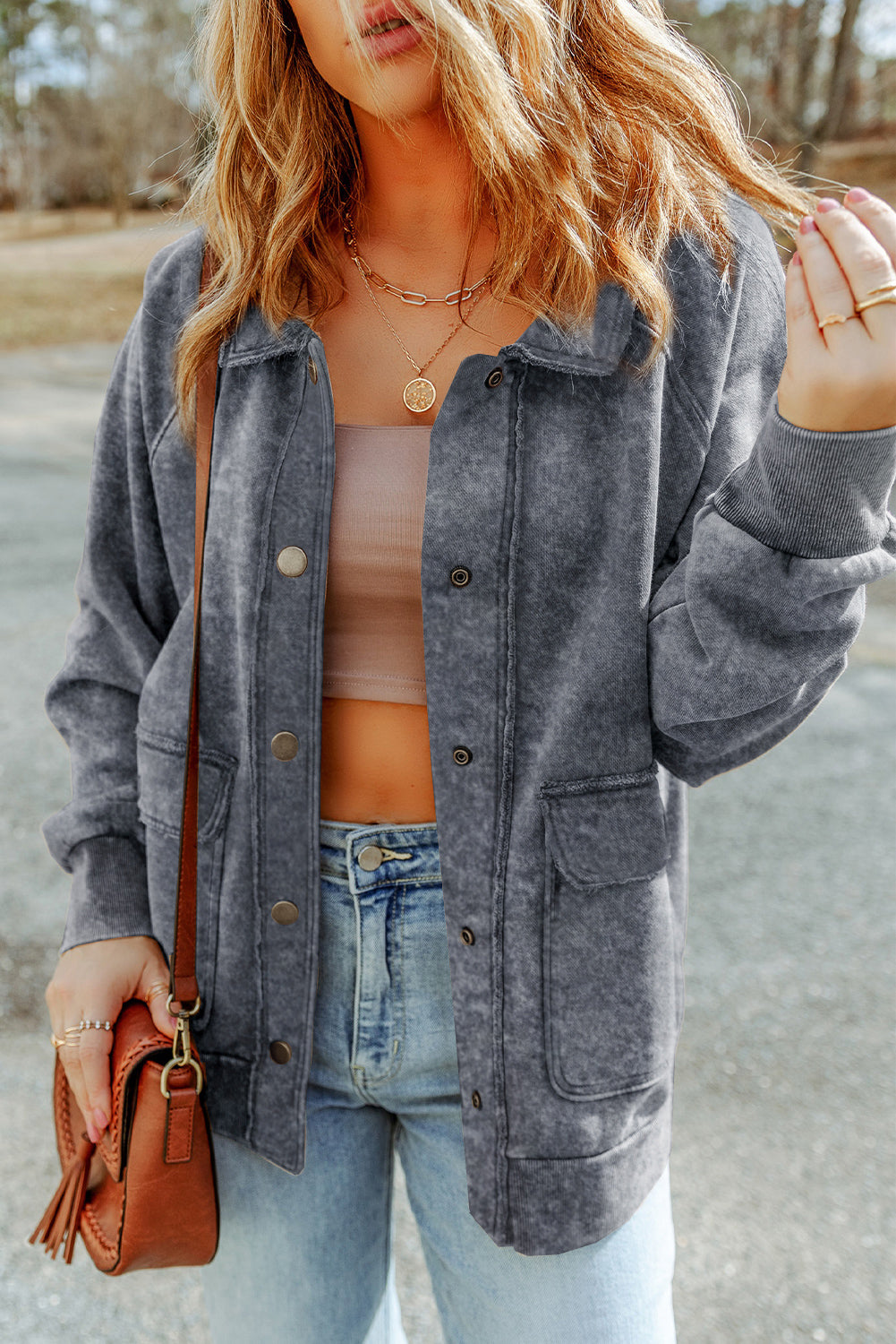 Gray Vintage Washed Flap Pocket Button Shacket-Outerwear/Jackets-[Adult]-[Female]-Gray-S-2022 Online Blue Zone Planet