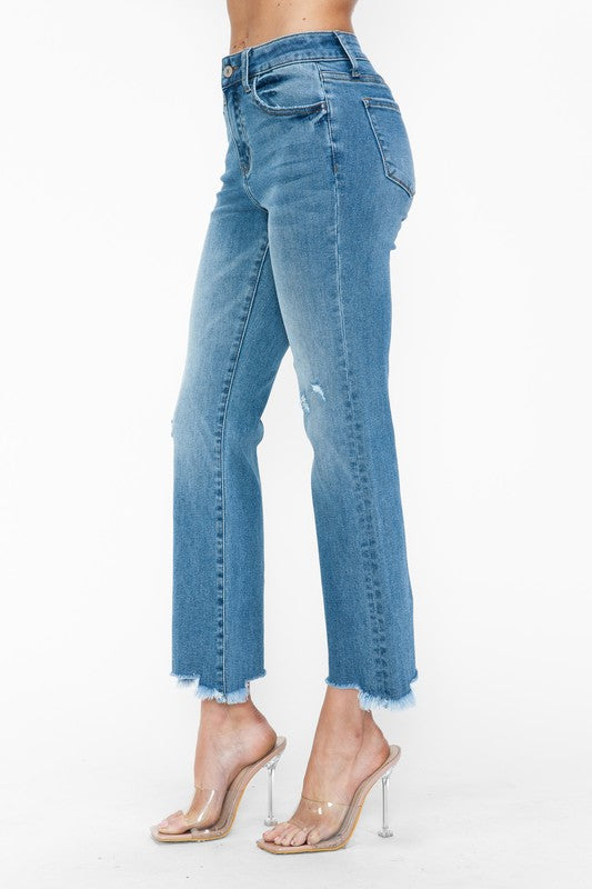 Blue Zone Planet | bytos Raw Hem Distressed Mid Rise Crop Jeans-BOTTOMS SIZES SMALL MEDIUM LARGE-[Adult]-[Female]-2022 Online Blue Zone Planet