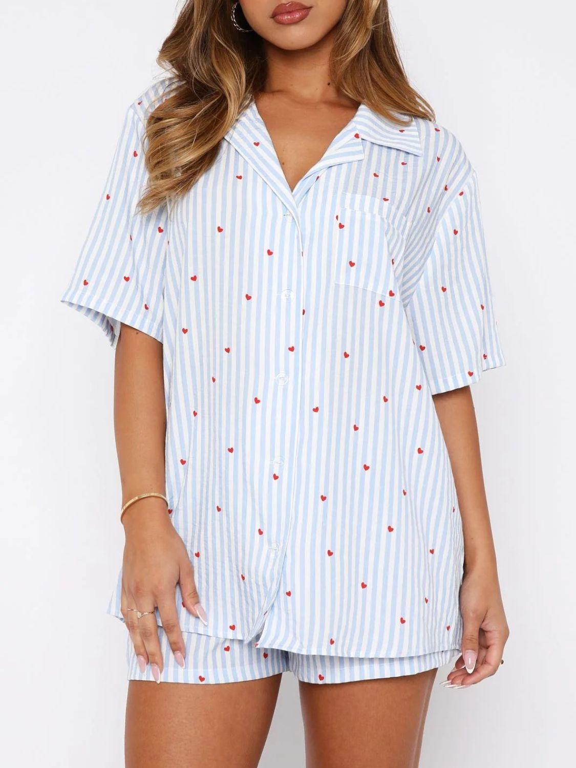 Valentine's Day Printed Collared Neck Short Sleeve Top and Shorts Set-TOPS / DRESSES-[Adult]-[Female]-Light Blue-S-2022 Online Blue Zone Planet