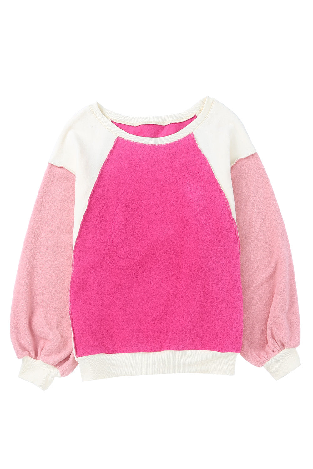 Blue Zone Planet | Rosy Colorblock Patchwork Plush Pullover Sweatshirt-Sweatshirts & Hoodies-[Adult]-[Female]-2022 Online Blue Zone Planet