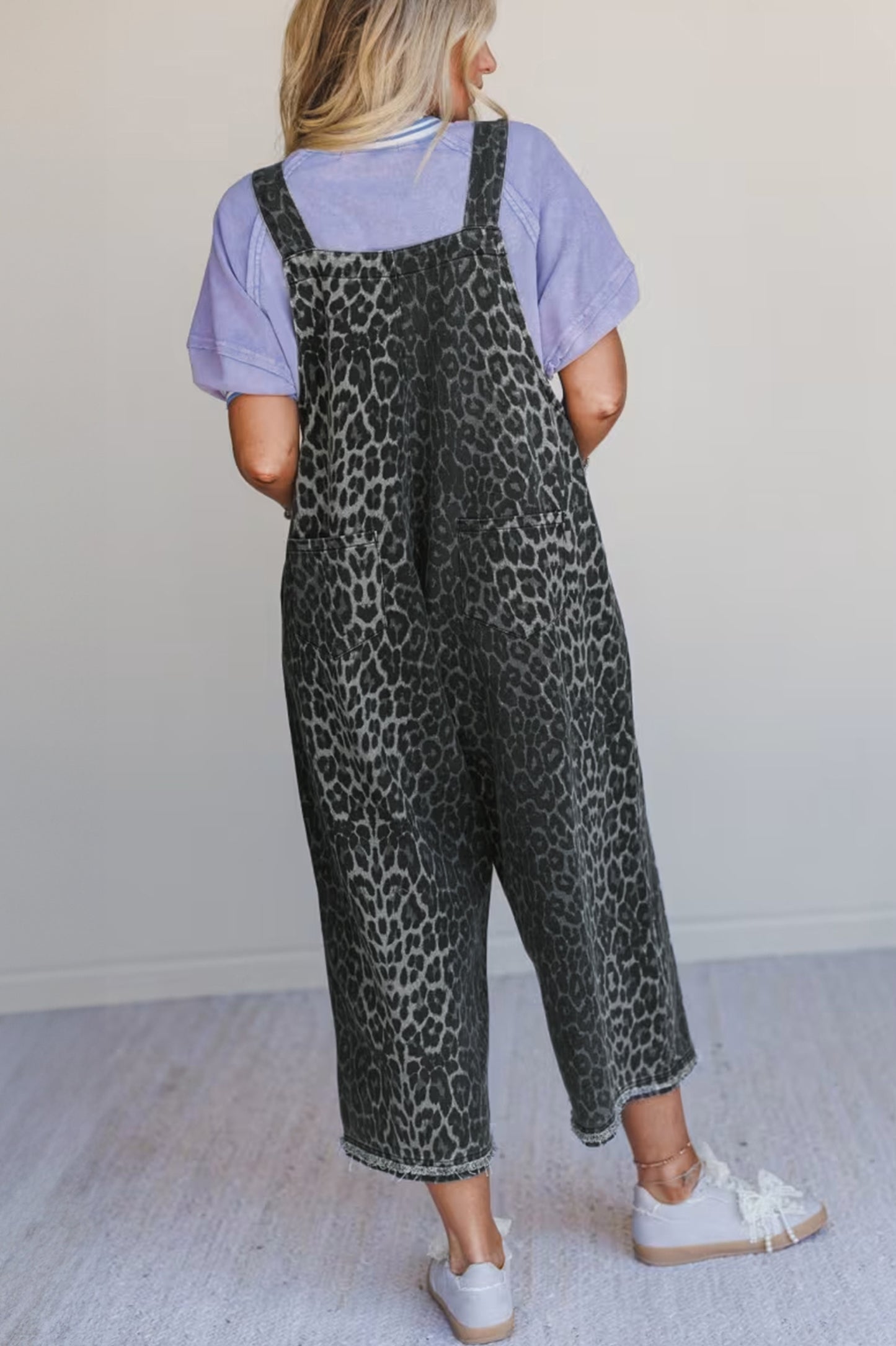 Gray Leopard Print Button Adjustable Straps Cropped Loose Denim Overalls-Bottoms/Jumpsuits & Rompers-[Adult]-[Female]-2022 Online Blue Zone Planet