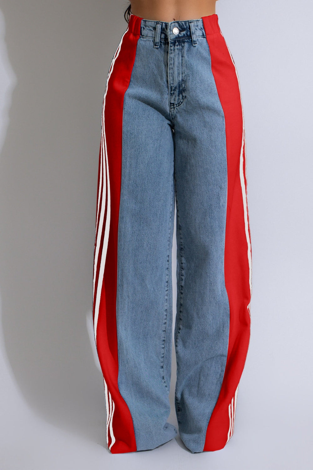 Contrast Side Striped Wide Leg Jeans-BOTTOMS SIZES SMALL MEDIUM LARGE-[Adult]-[Female]-Red-S-2022 Online Blue Zone Planet