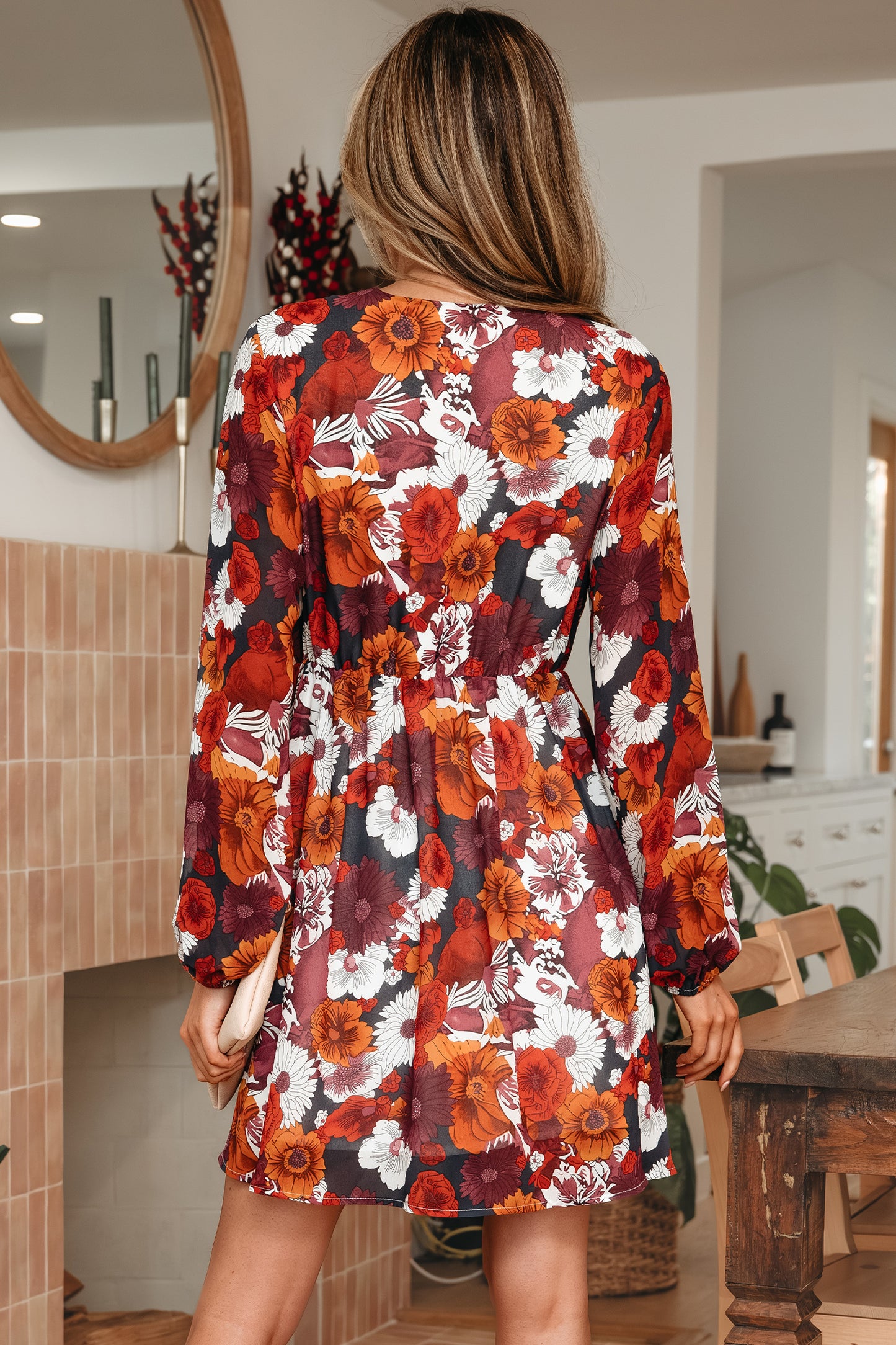 Red Floral Print Wrap V Neck Puff Sleeve Flowy Mini Dress-TOPS / DRESSES-[Adult]-[Female]-2022 Online Blue Zone Planet