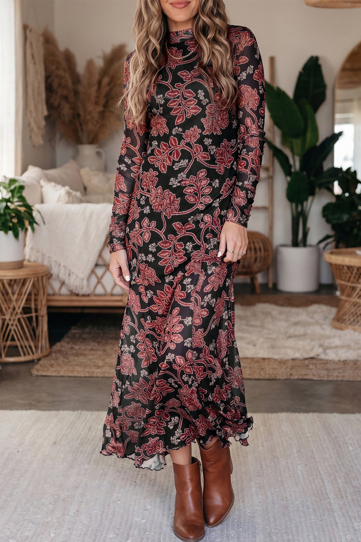 Black Retro Floral Print Long Sleeve Casual Mesh Dress-Dresses/Maxi Dresses-[Adult]-[Female]-Black-S-2022 Online Blue Zone Planet
