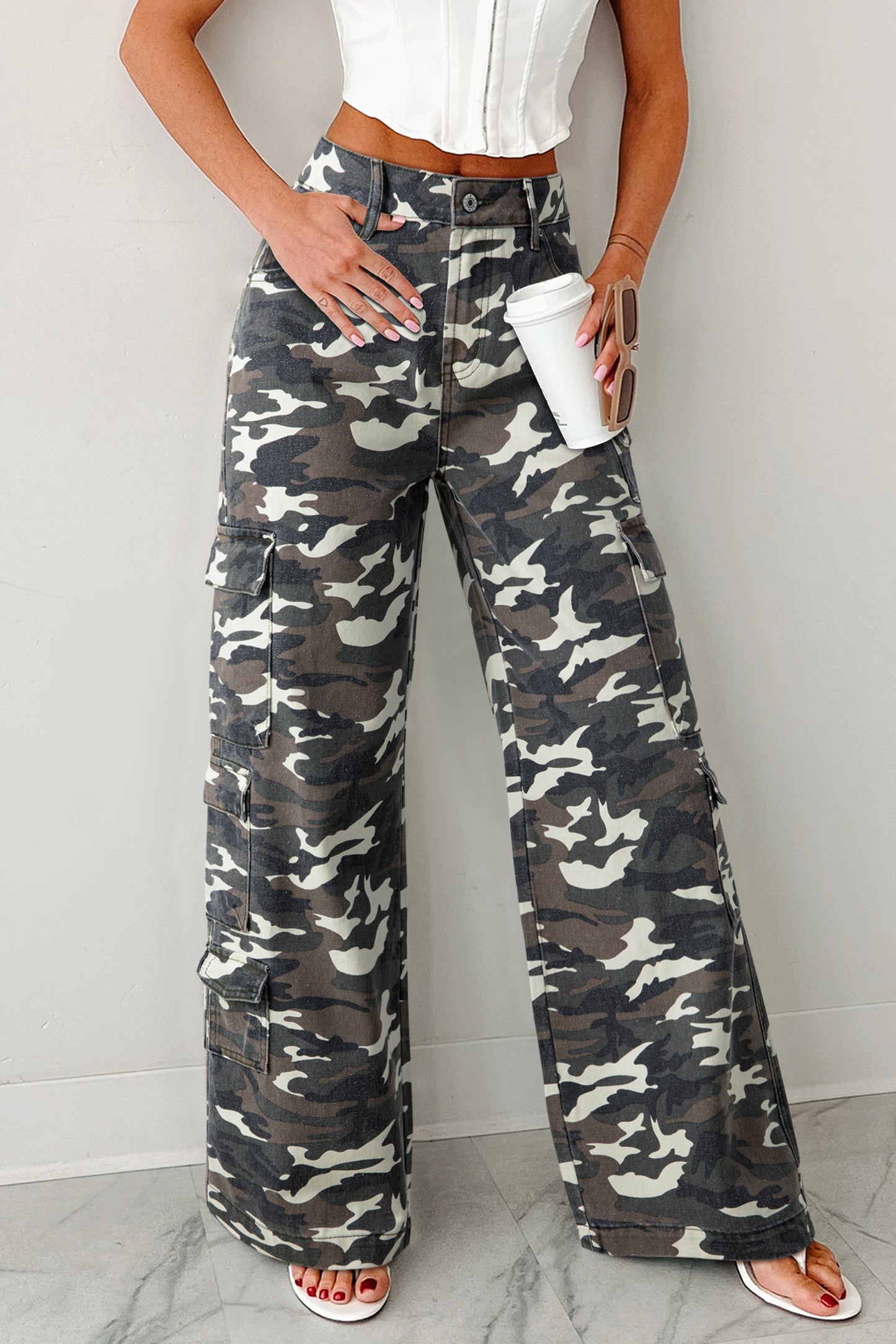 Green Camo Denim Cargo Wide Leg Pants-Bottoms/Jeans-[Adult]-[Female]-Green-4-2022 Online Blue Zone Planet