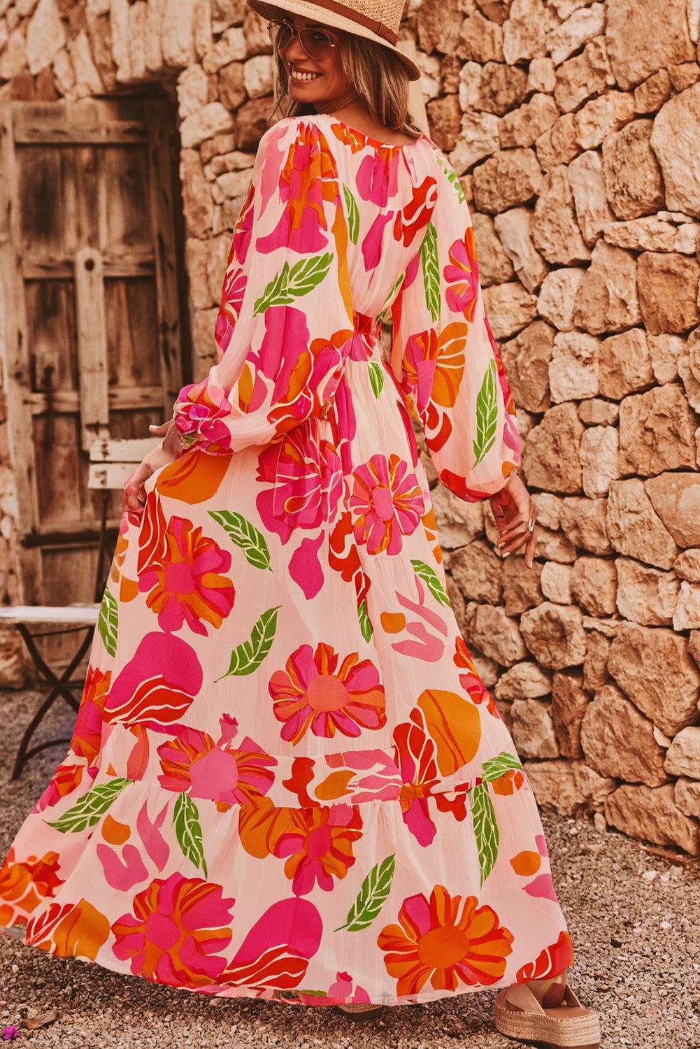 Beige Floral Print Smocked Detail V Neck Puff Sleeve Flowy Maxi Dress-TOPS / DRESSES-[Adult]-[Female]-2022 Online Blue Zone Planet