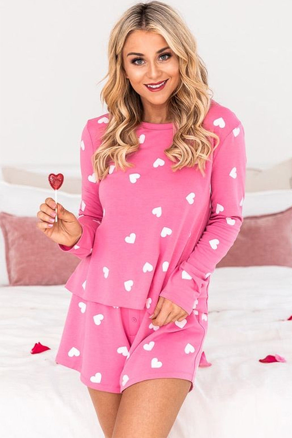 Pink Valentine Heart Print Long Sleeve Top and Shorts Pajama Set-Loungewear Set-[Adult]-[Female]-2022 Online Blue Zone Planet