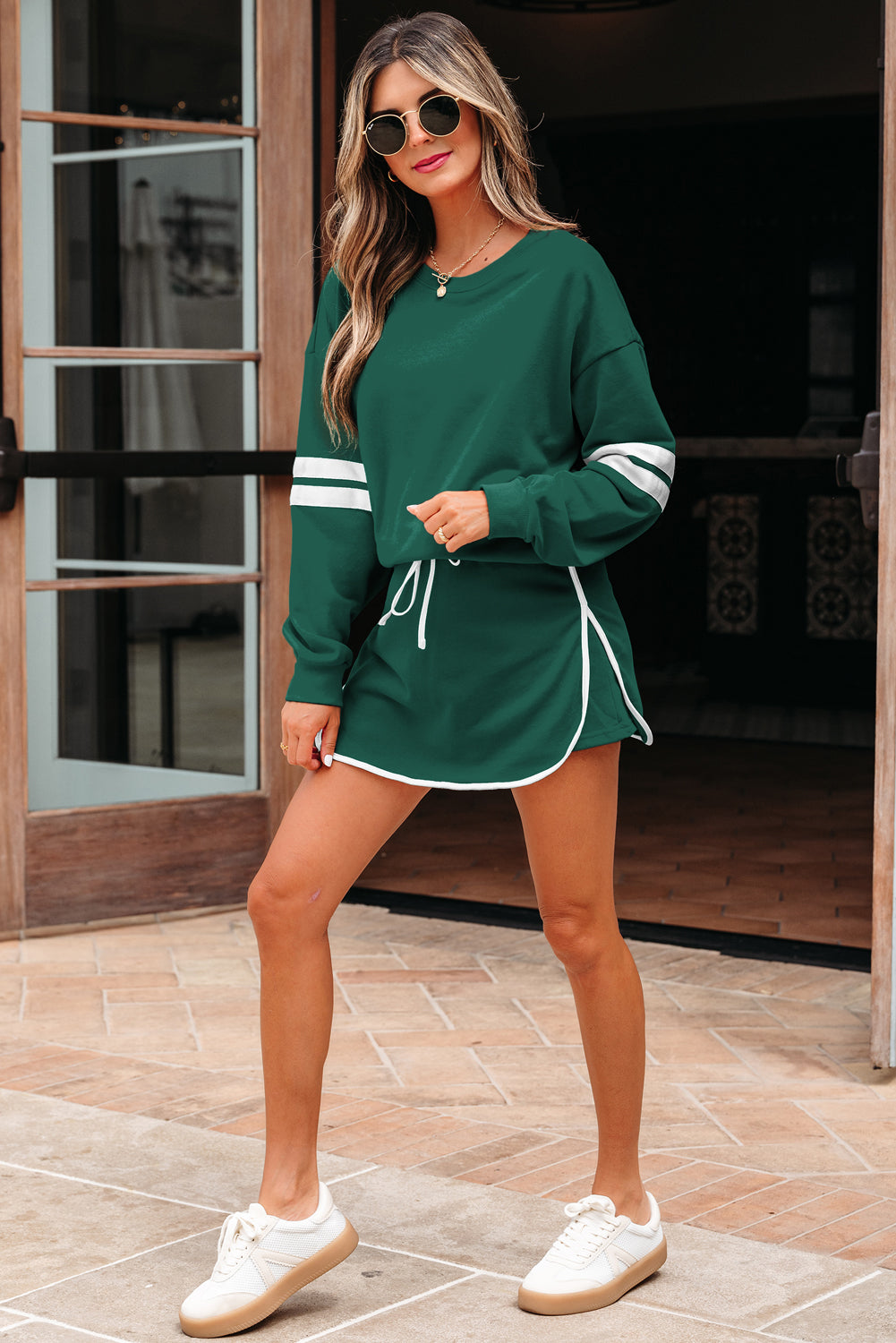 Evergreen Varsity Stripe Detail Drop Shoulder Pullover Mini Skirt Set-Two Piece Sets/Two Piece Dresses-[Adult]-[Female]-2022 Online Blue Zone Planet