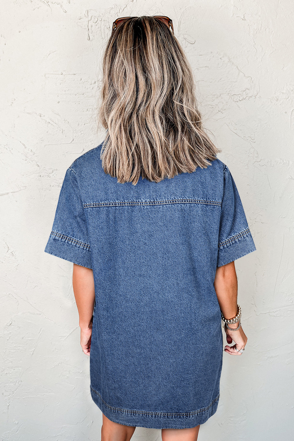 Beau Blue Short Sleeve Collared Patched Pocket Denim Mini Dress-Dresses/Mini Dresses-[Adult]-[Female]-2022 Online Blue Zone Planet