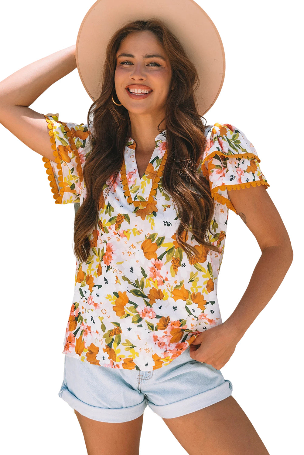 Russet Orange Ruffled V Neck Scalloped Short Sleeve Floral Blouse-Tops/Blouses & Shirts-[Adult]-[Female]-2022 Online Blue Zone Planet