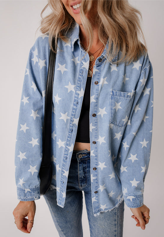 Raw Hem Star Collared Neck Denim Top-TOPS / DRESSES-[Adult]-[Female]-2022 Online Blue Zone Planet