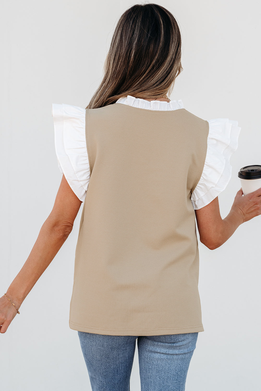 Pale Khaki Contrast V Neck Ruffled Textured Knit Top-Tops/Blouses & Shirts-[Adult]-[Female]-2022 Online Blue Zone Planet