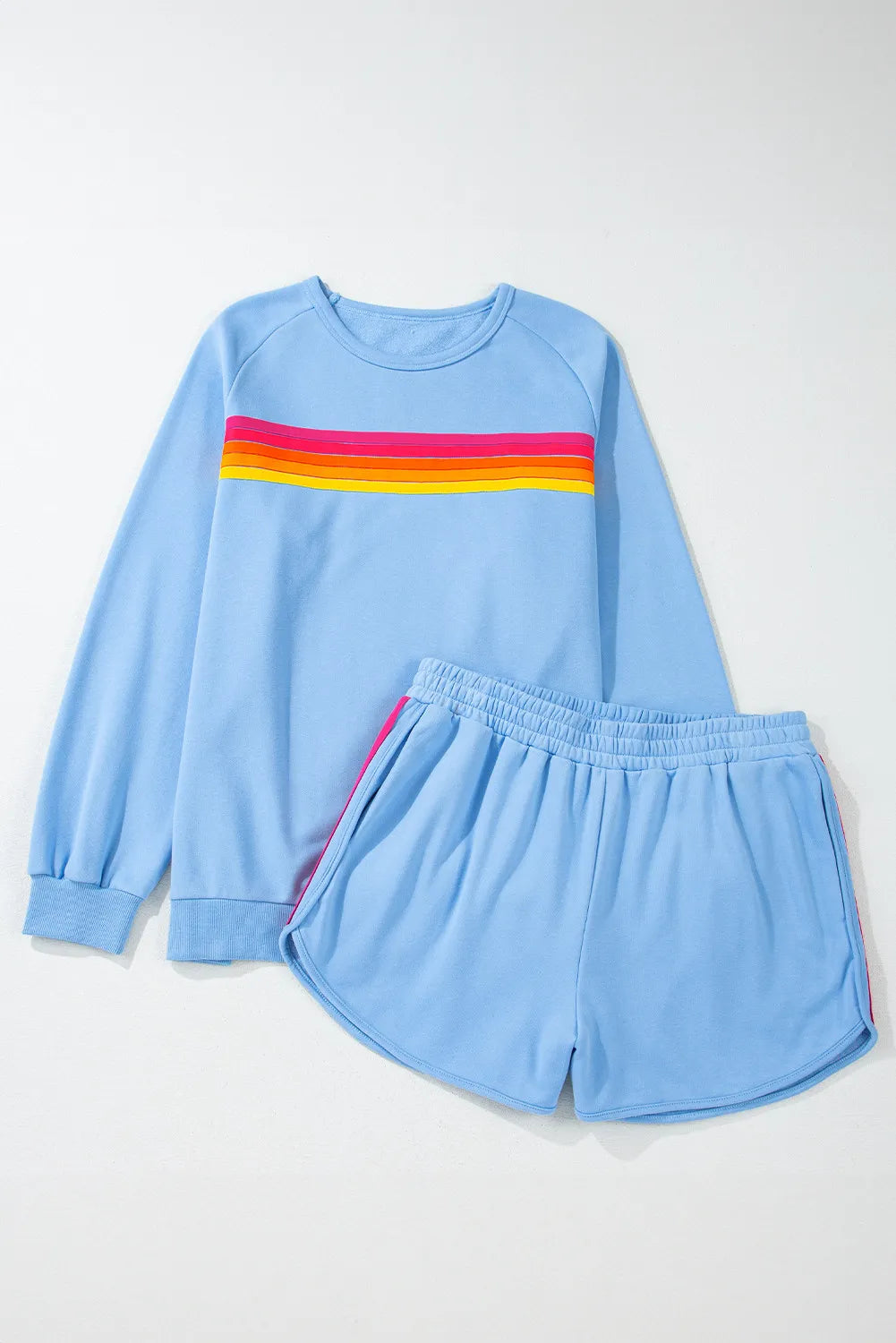 Blue Zone Planet | Full Size Contrast Striped Round Neck Top and Shorts Set-TOPS / DRESSES-[Adult]-[Female]-Pastel Blue-S-2022 Online Blue Zone Planet