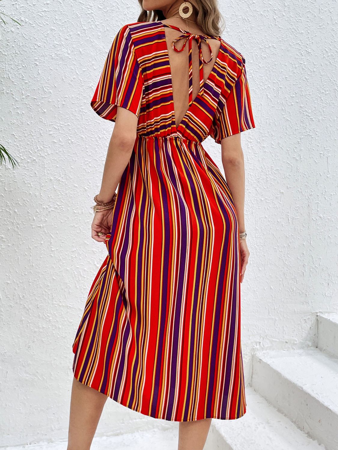 Slit Striped V-Neck Short Sleeve Midi Dress-TOPS / DRESSES-[Adult]-[Female]-2022 Online Blue Zone Planet